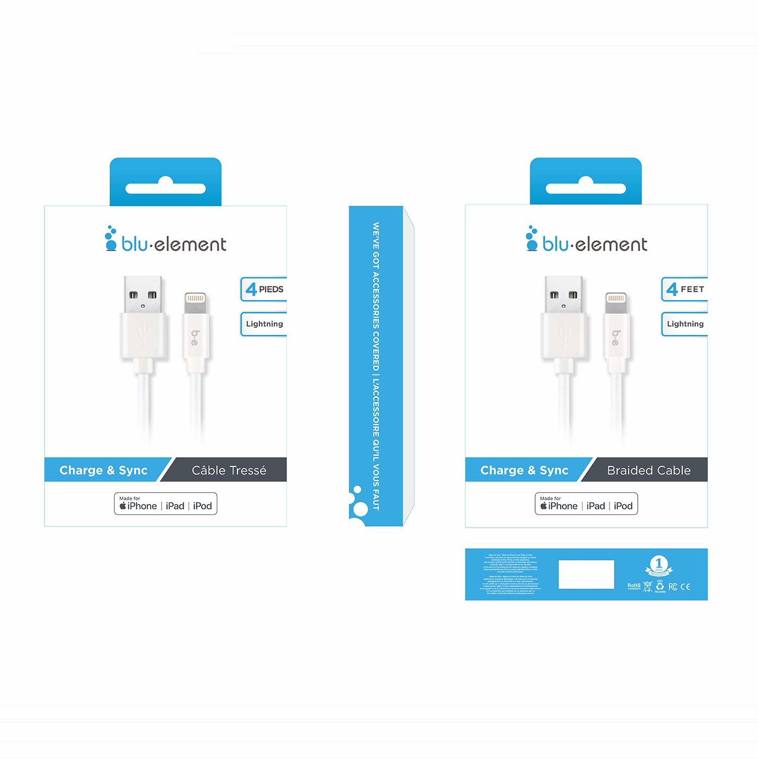 Blu Element Braided Charge/Sync Lightning USB 4ft White