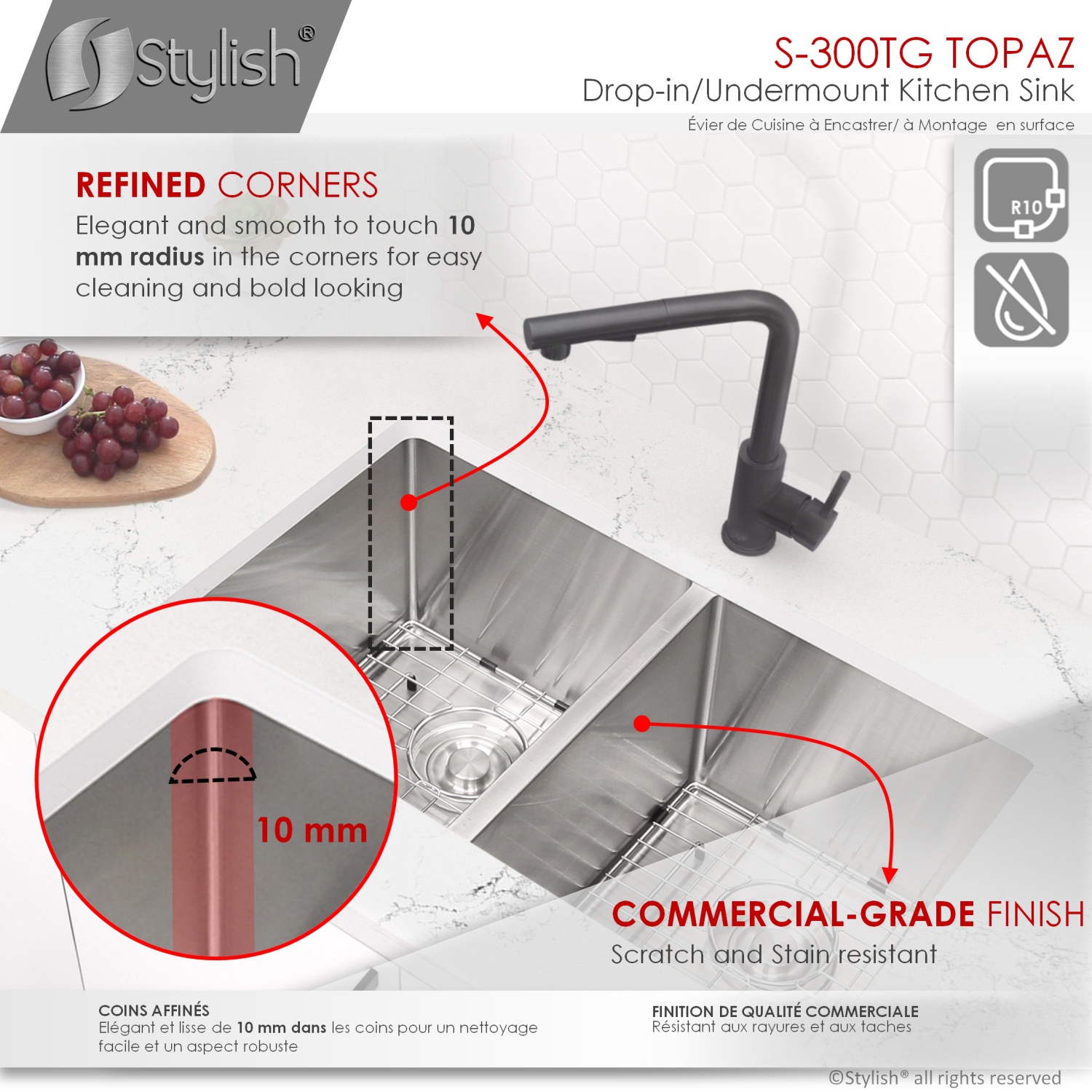 STYLISH 28 inch Dual Mount Double Bowl Kitchen Sink, 18 Gauge Stainless Steel with Grids and Basket Strainers S-300TG