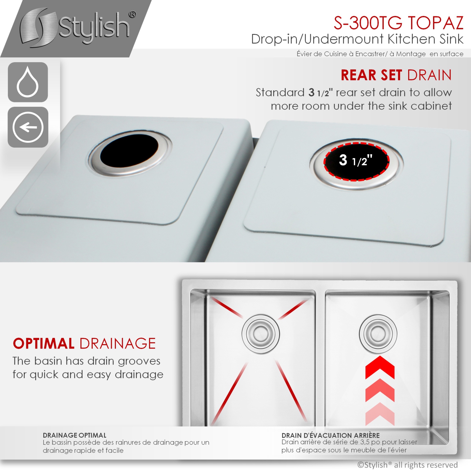 STYLISH 28 inch Dual Mount Double Bowl Kitchen Sink, 18 Gauge Stainless Steel with Grids and Basket Strainers S-300TG