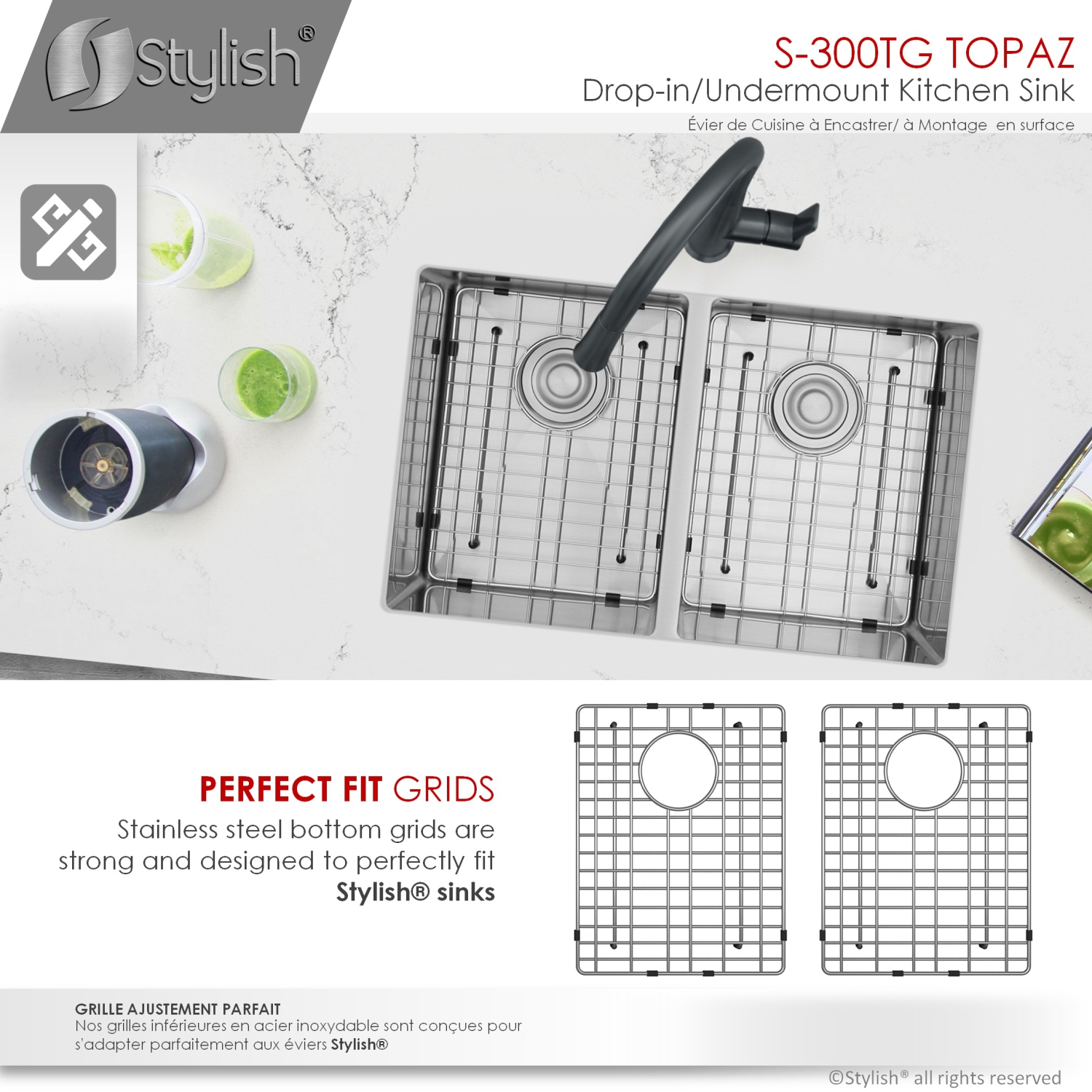 STYLISH 28 inch Dual Mount Double Bowl Kitchen Sink, 18 Gauge Stainless Steel with Grids and Basket Strainers S-300TG