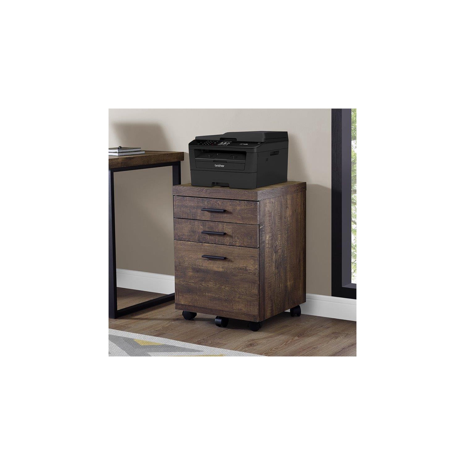 Monarch Specialties i 7400 filing cabinet 3 drawer brown wood grain on castors