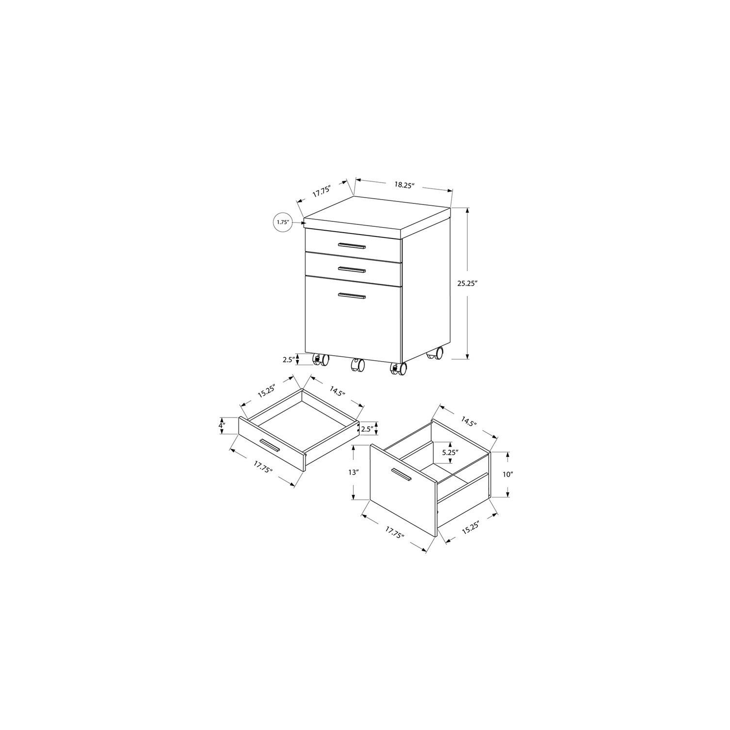 Monarch Specialties i 7400 filing cabinet 3 drawer brown wood grain on castors