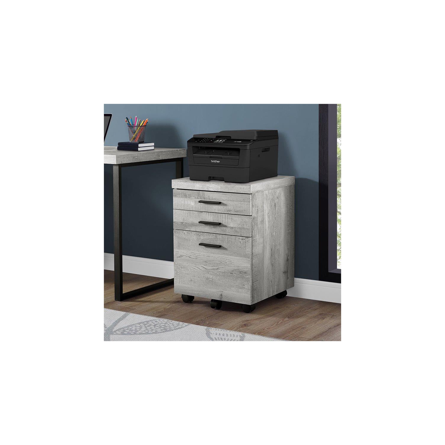 Monarch Specialties i 7401 filing cabinet 3 drawer grey wood grain on castors