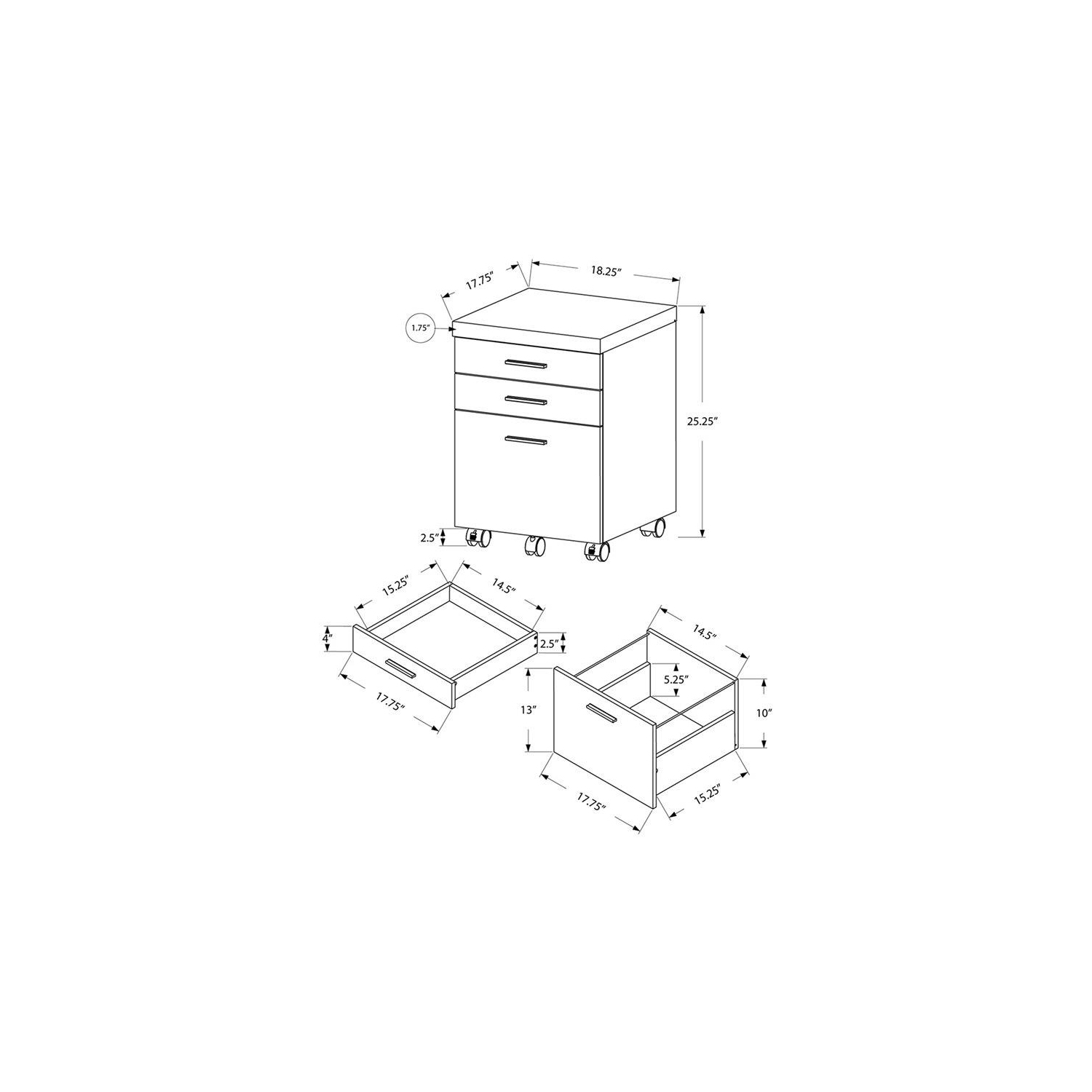 Monarch Specialties i 7401 filing cabinet 3 drawer grey wood grain on castors