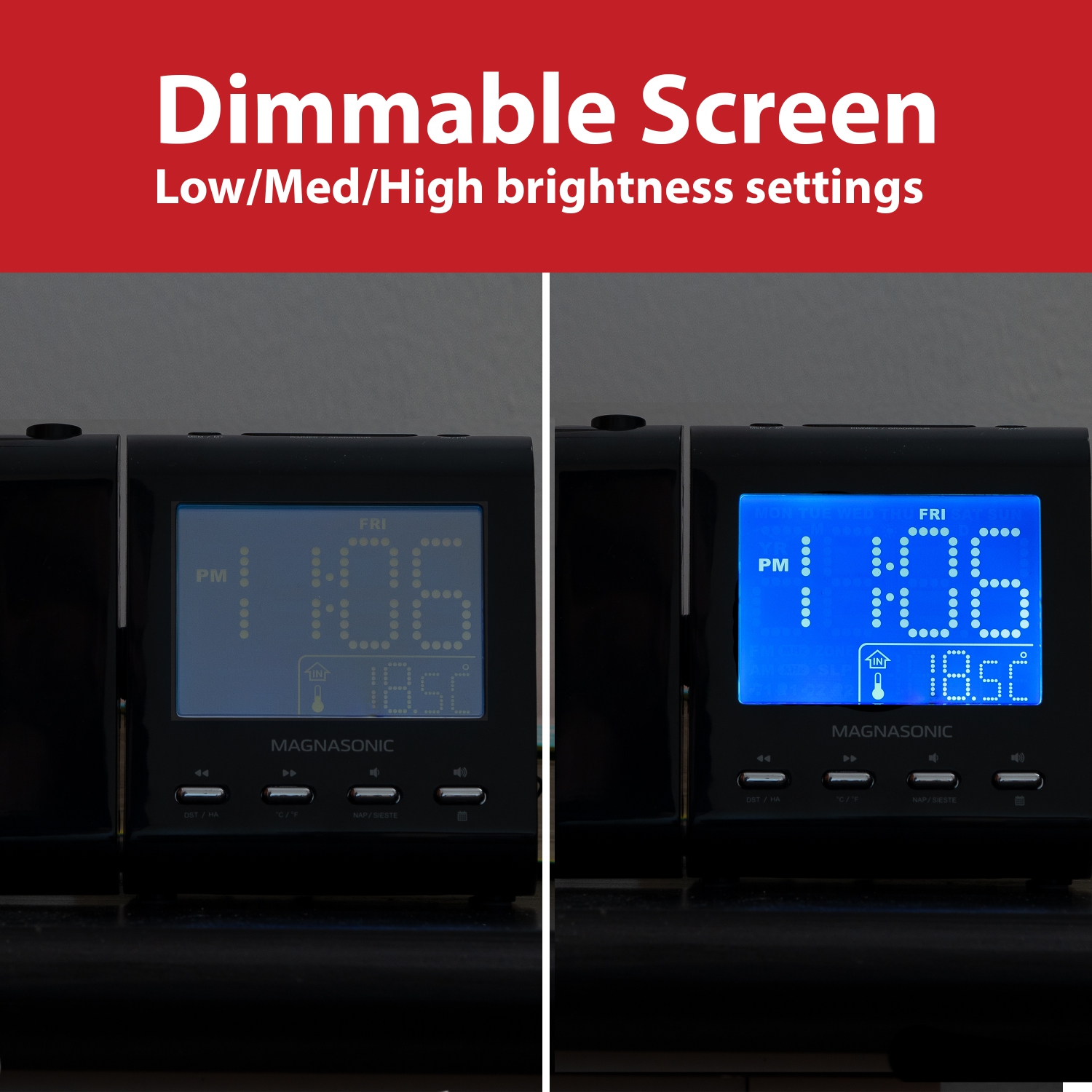 Réveille-matin à projection de Magnasonic avec radio AM/FM, batterie de secours, réglage automatique de l’heure, alarme double et entrée auxiliaire