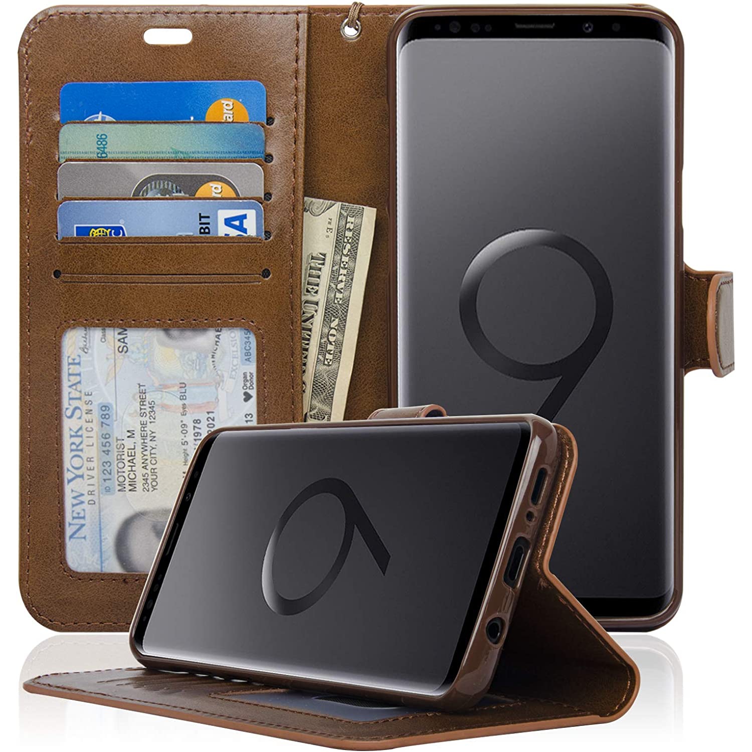 Étui portefeuille mince et léger haut de gamme de navor avec protection RFID compatible avec le Galaxy S9 plus de Samsung - Brun
