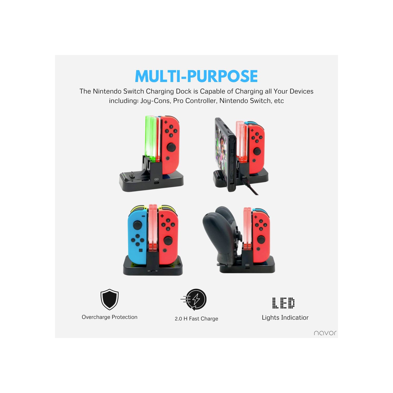 Station de recharge rapide améliorée 2022 pour manette Pro, Joy-Con et Nintendo Switch avec indicateur de recharge et câble de recharge USB de type C.