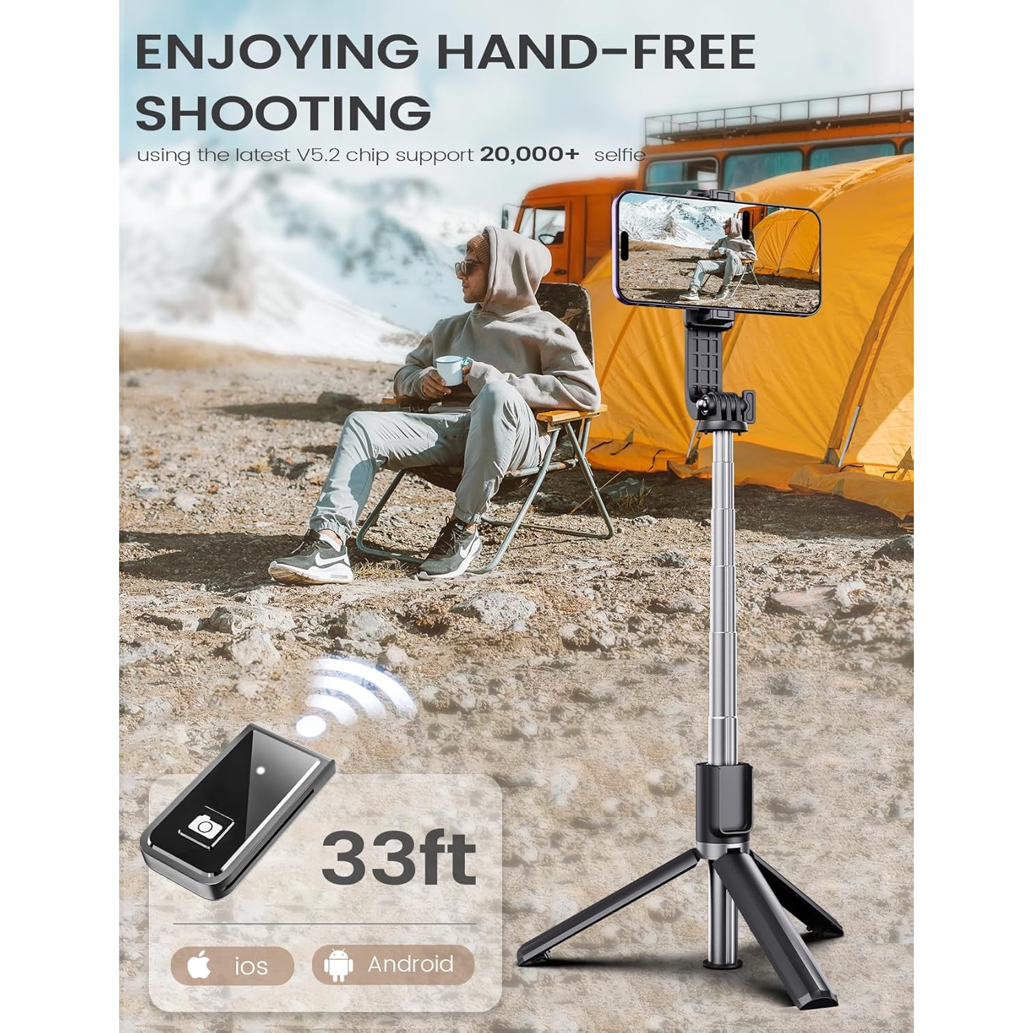 Trépied pour perche à égoportrait avec télécommande sans fil, support portatif pour téléphone de voyage, ajustable pour iPhone de 4 à 7&nbsp;po,