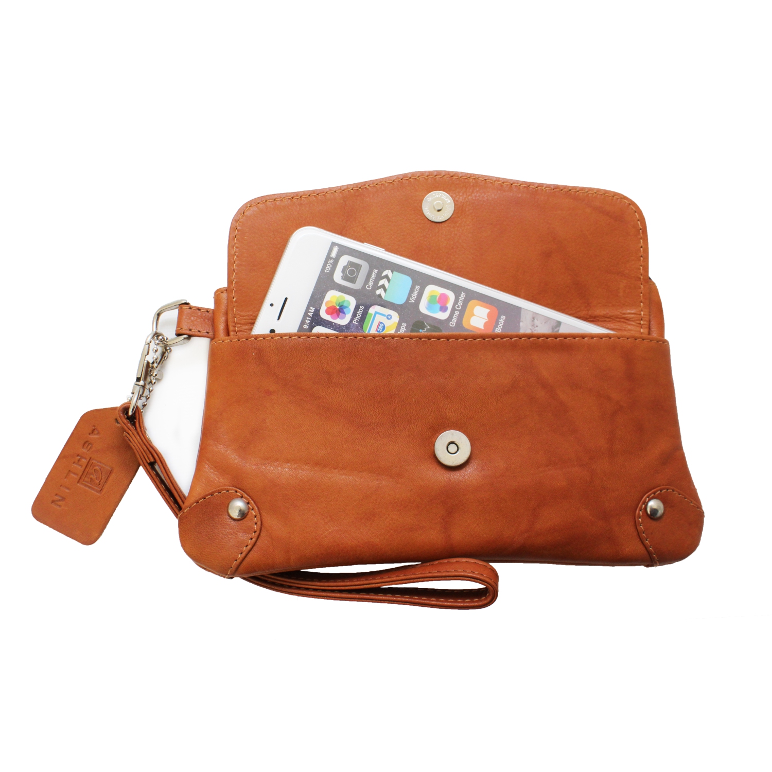 Étui-portefeuille en cuir avec dragonne Catarine d’Ashlin - Brun pâle