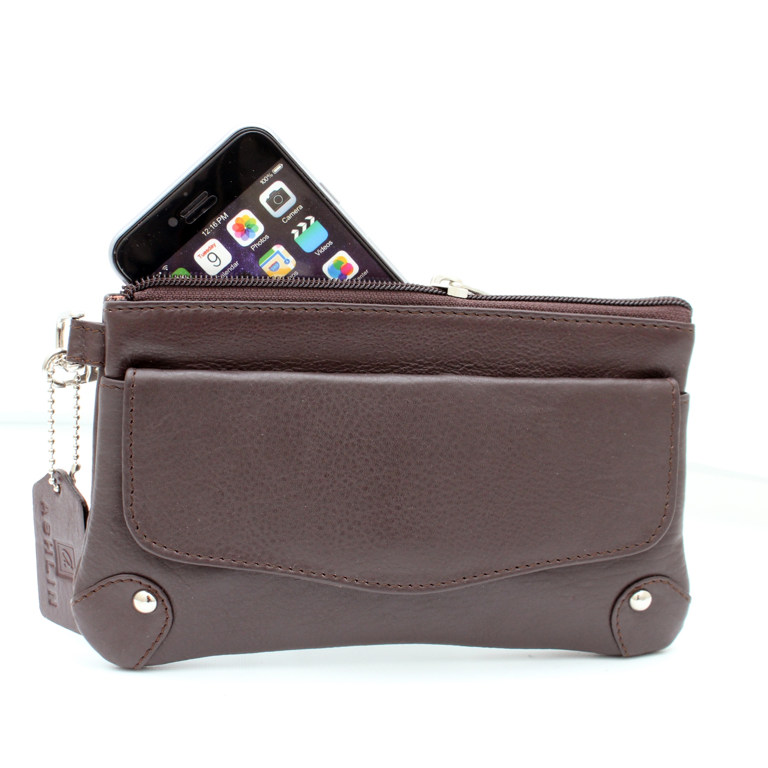 Étui-portefeuille en cuir avec dragonne Catarine d’Ashlin - Brun foncé