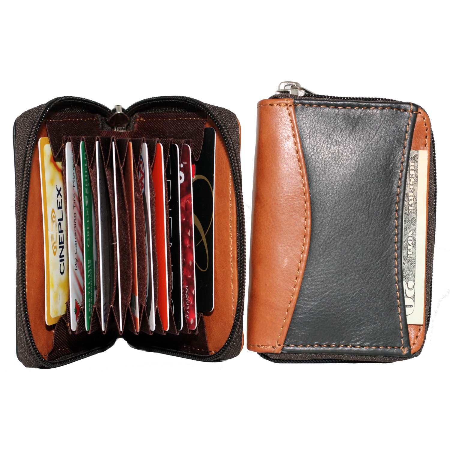 Étui à fermeture à glissière accordéon pour cartes de crédit d’Ashlin - Noir-brun