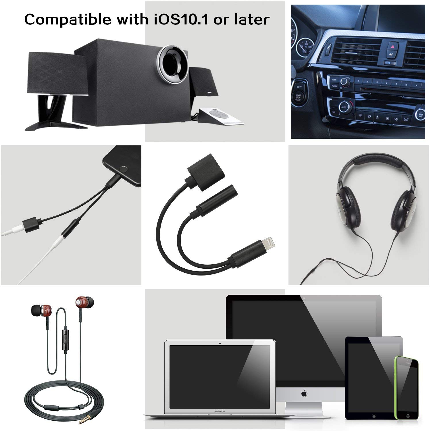 iPhone Splitter Lightning Charger and Lightning to 3.5mm AUX Headphone Jack Audio Adapter