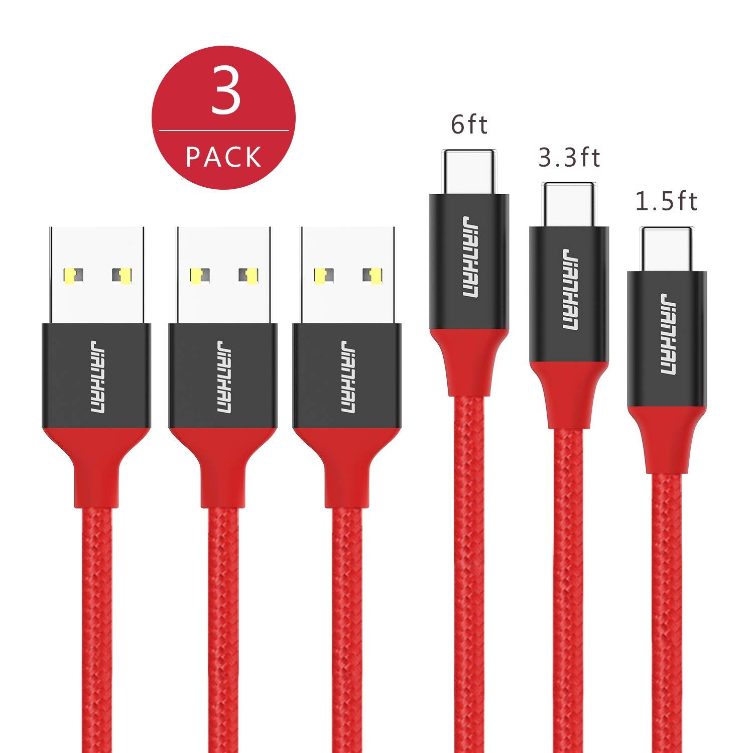Ensemble de 3 câbles de chargement USB de type C tissés pour Samsung, Google Pixel et Nintendo Switch