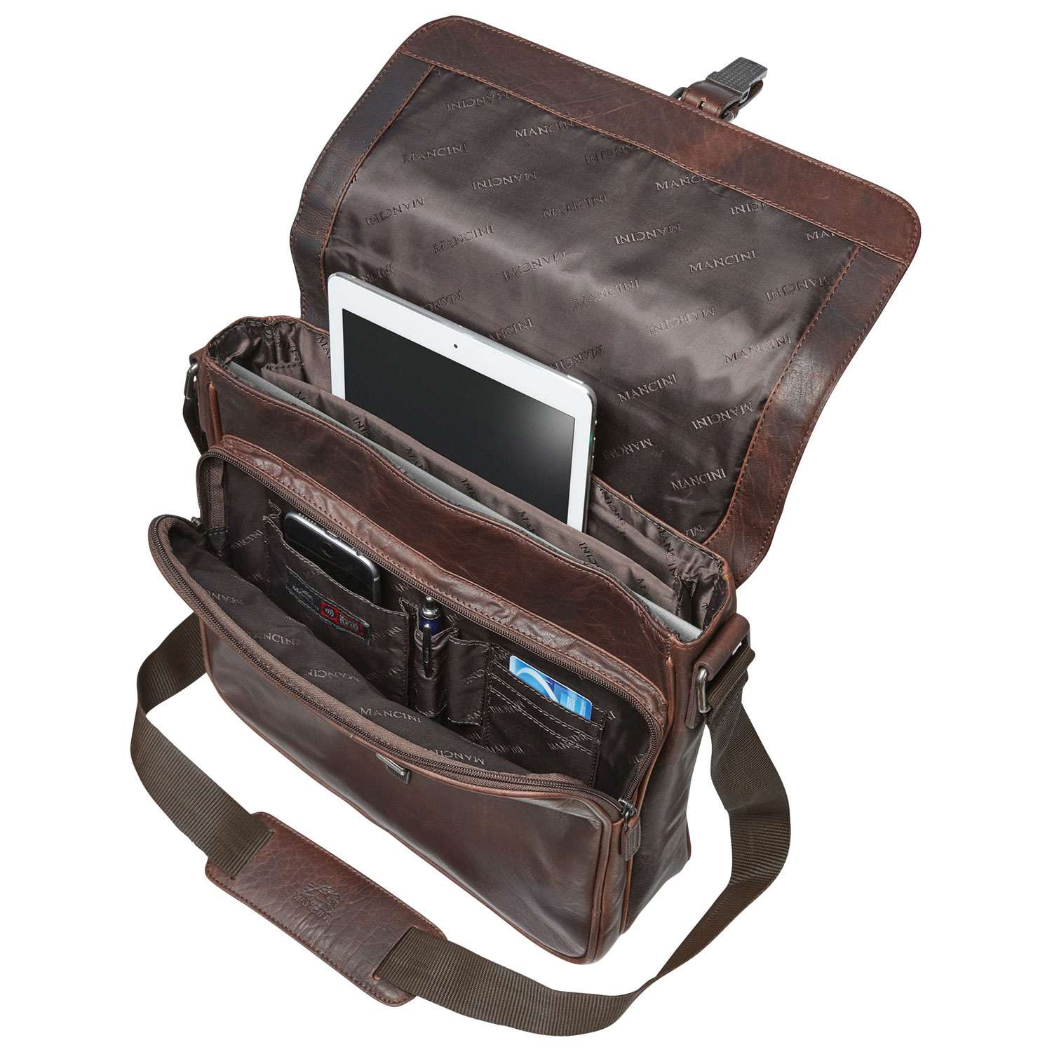 Sac messager en cuir Buffalo de Mancini pour portable de 12 po - Brun