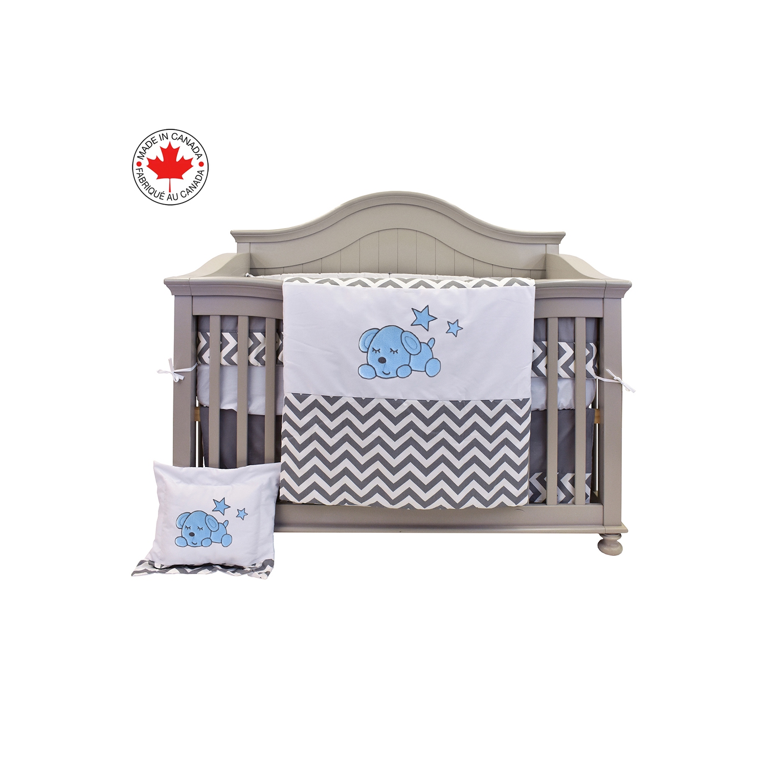 ENSEMBLE DE LITERIE 8 PIÈCES POUR LIT DE BÉBÉ BEBELELO DE ZIGZAG, IDÉAL POUR BÉBÉS FILLES ET GARÇONS, COMPREND LE MOTIF BLEU ET GRIS CHIOT