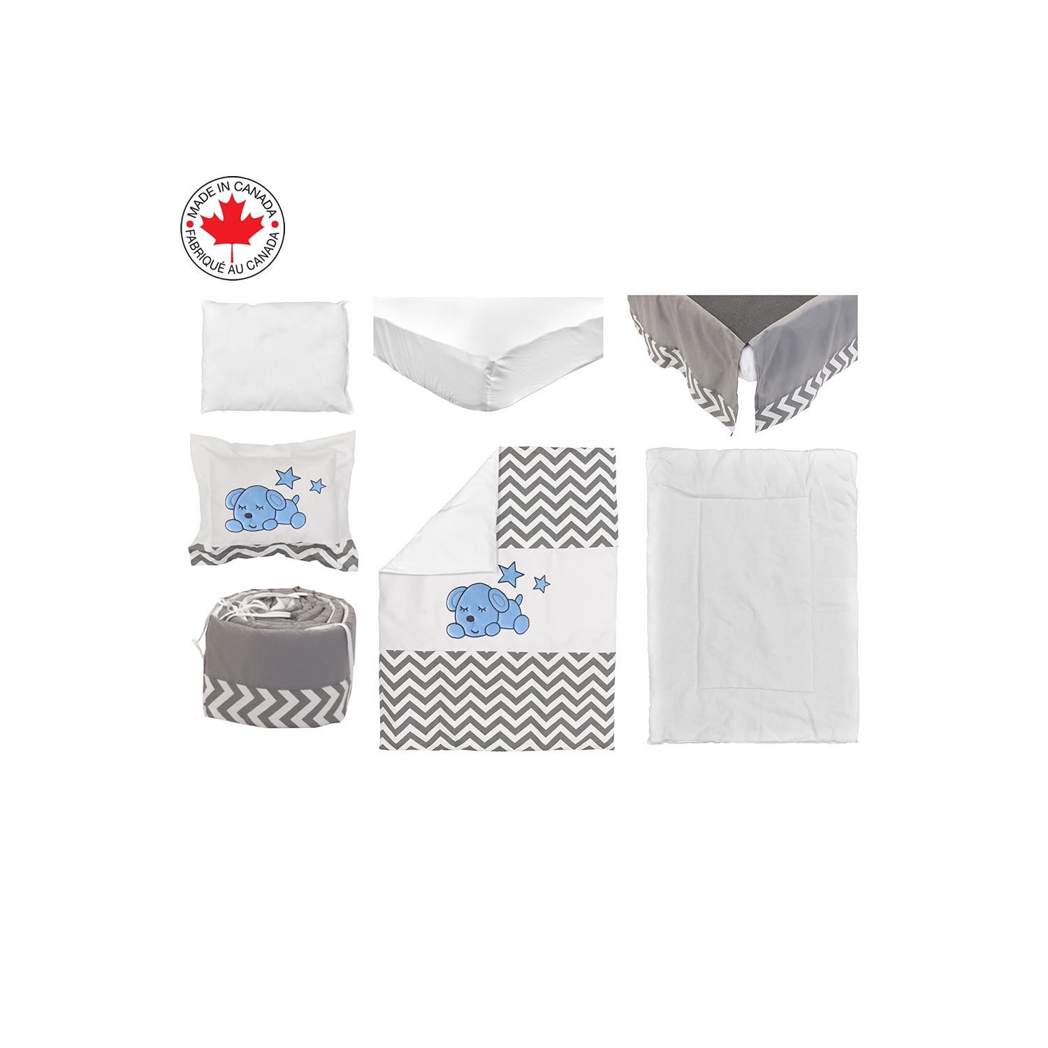 ENSEMBLE DE LITERIE 8 PIÈCES POUR LIT DE BÉBÉ BEBELELO DE ZIGZAG, IDÉAL POUR BÉBÉS FILLES ET GARÇONS, COMPREND LE MOTIF BLEU ET GRIS CHIOT