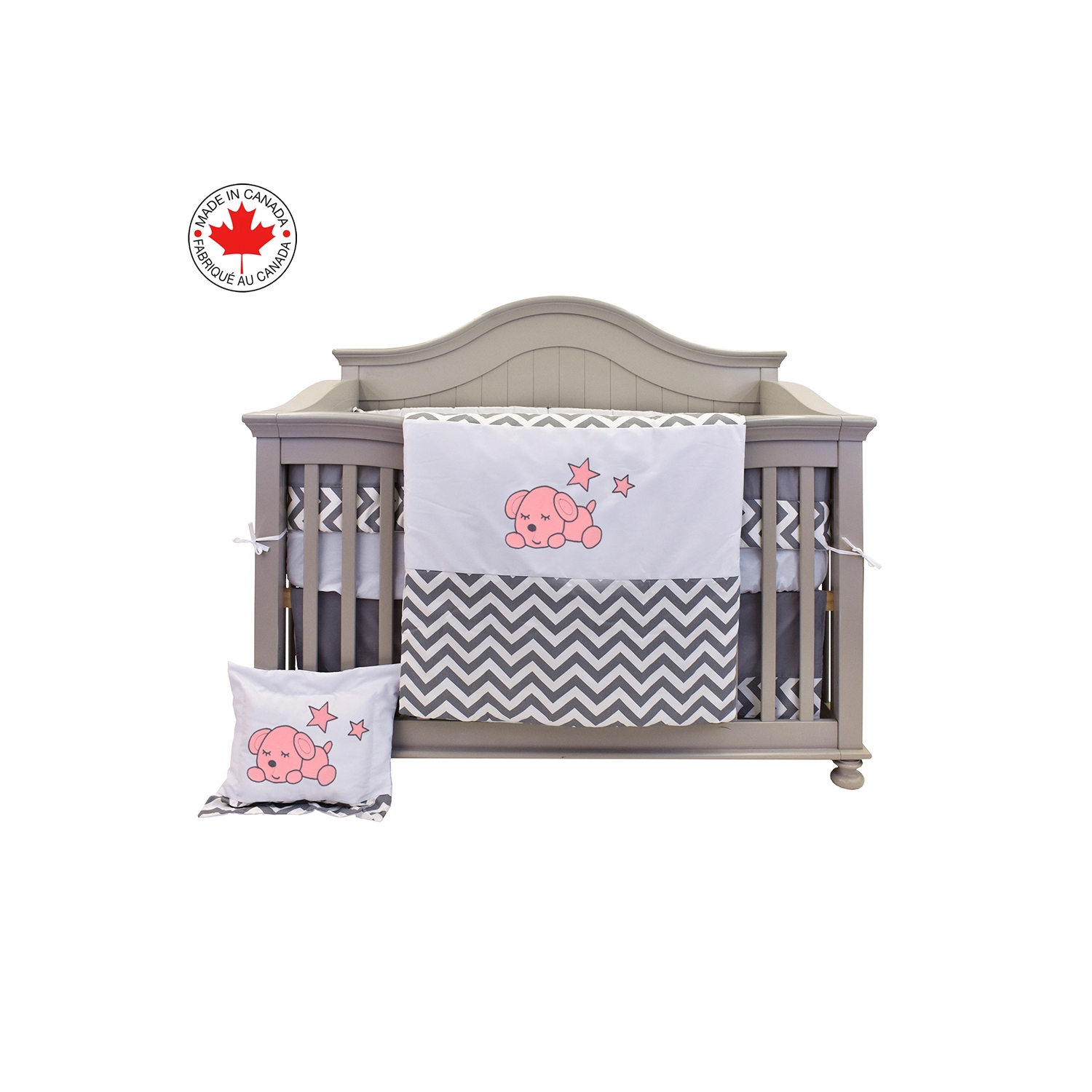 BEBELELO BABY CRIB BEDDING 8 PIECE GREY ZIGZAG SET, PERFECT FOR BABY GIRLS AND BOYS, INCLUDES PINK PUPPY DESIGN