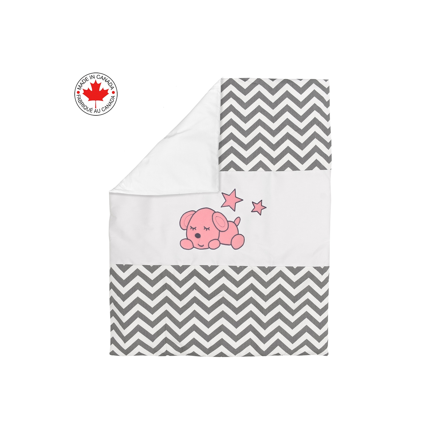 BEBELELO BABY CRIB BEDDING 8 PIECE GREY ZIGZAG SET, PERFECT FOR BABY GIRLS AND BOYS, INCLUDES PINK PUPPY DESIGN