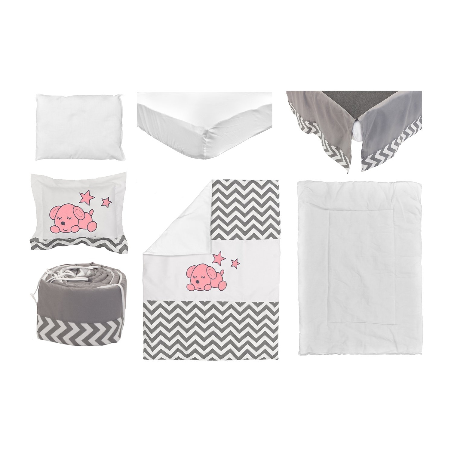 BEBELELO BABY CRIB BEDDING 8 PIECE GREY ZIGZAG SET, PERFECT FOR BABY GIRLS AND BOYS, INCLUDES PINK PUPPY DESIGN