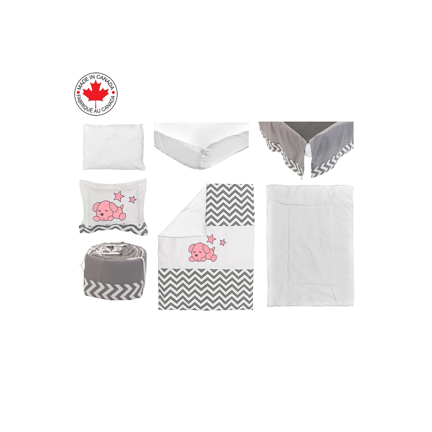 BEBELELO BABY CRIB BEDDING 8 PIECE GREY ZIGZAG SET, PERFECT FOR BABY GIRLS AND BOYS, INCLUDES PINK PUPPY DESIGN
