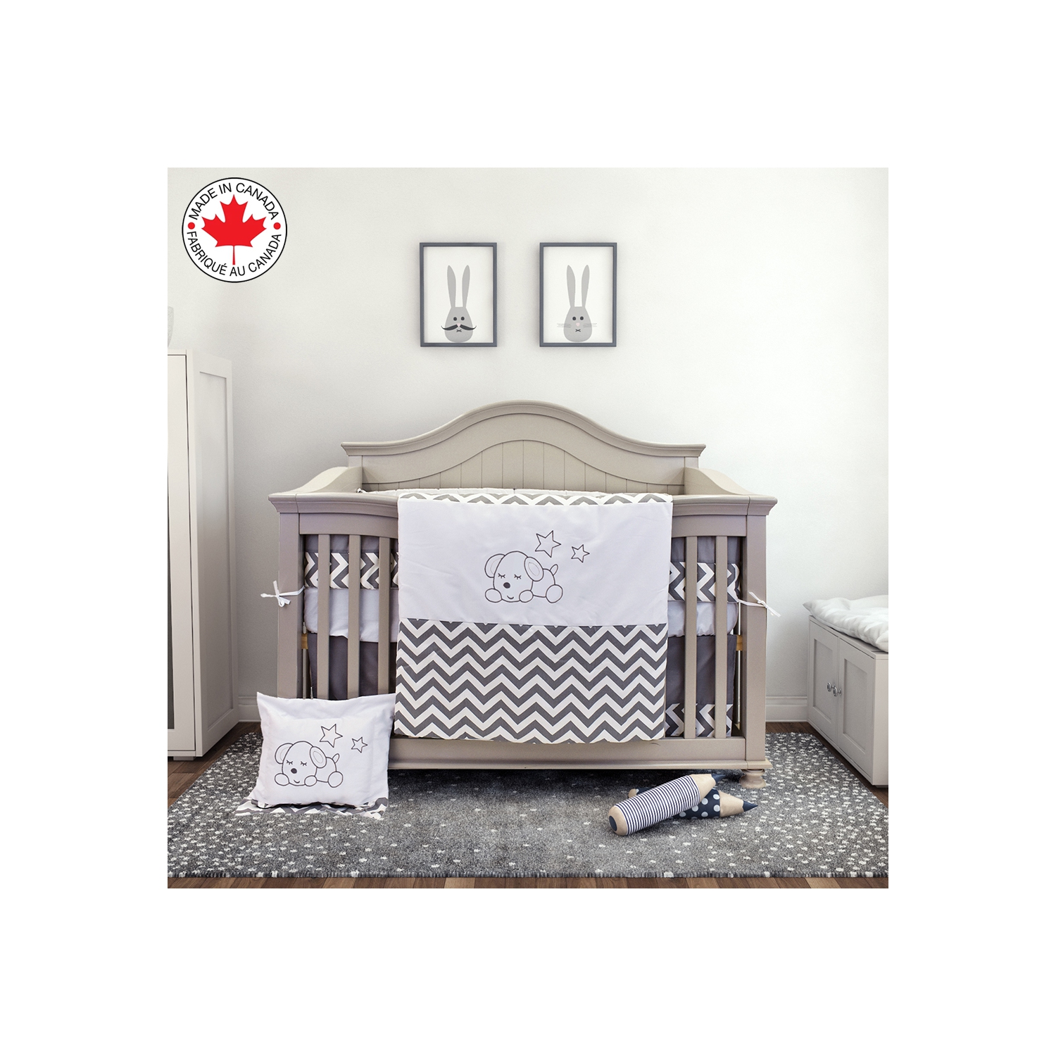 BEBELELO BABY CRIB BEDDING 8 PIECE GREY ZIGZAG SET, PERFECT FOR BABY GIRLS AND BOYS, INCLUDES WHITE PUPPY DESIGN