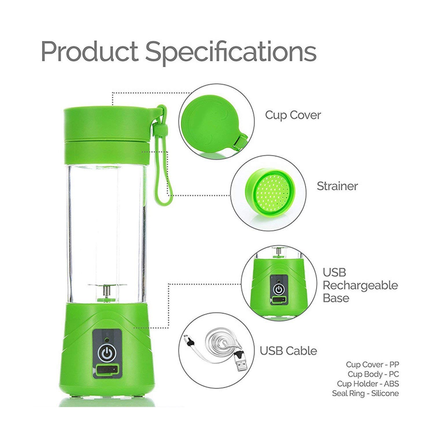 Mini Portable Blender USB Rechargeable Fruit Mixer Juicer 380mL Bottle - Green
