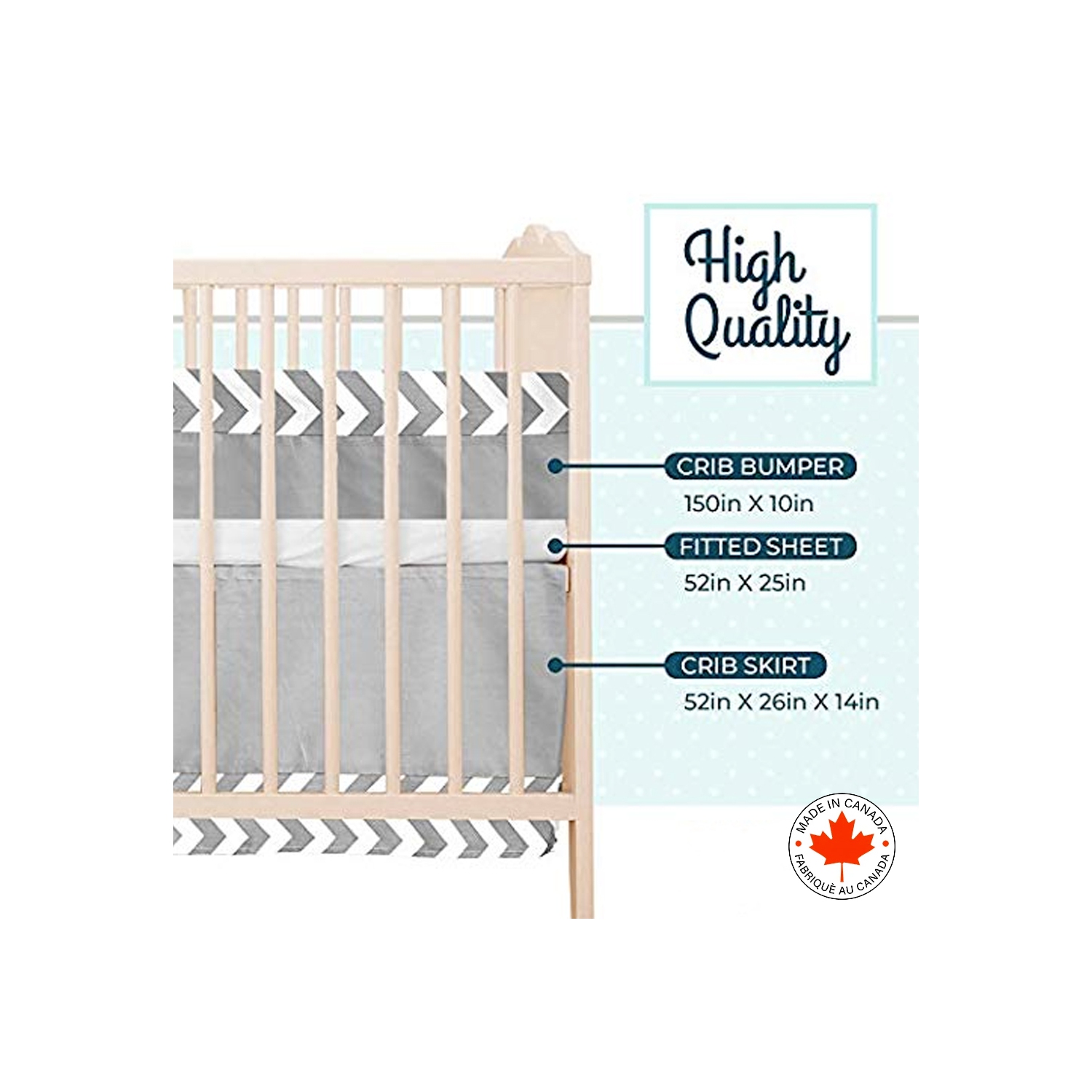 BEBELELO- LITERIE 7 MORCEAUX ZIGZAG POUR BÉBÉ GRIS ET BLANC AVEC UN MOTIF DE CHEVRON, PARFAITE POUR LES FILLES ET LES GARÇONS