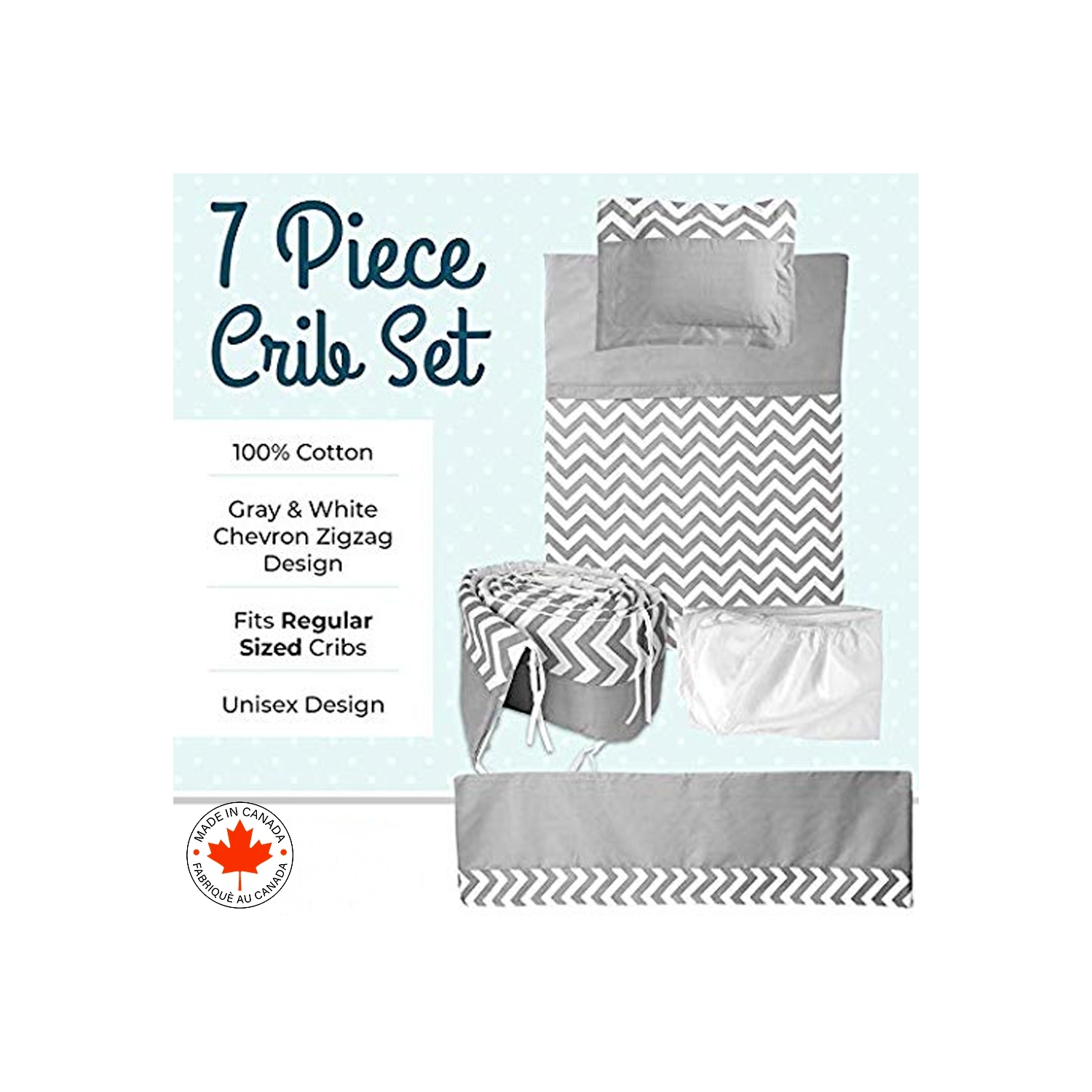 BEBELELO- LITERIE 7 MORCEAUX ZIGZAG POUR BÉBÉ GRIS ET BLANC AVEC UN MOTIF DE CHEVRON, PARFAITE POUR LES FILLES ET LES GARÇONS