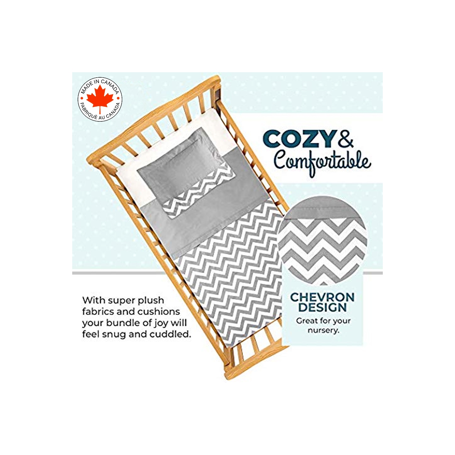 BEBELELO- LITERIE 7 MORCEAUX ZIGZAG POUR BÉBÉ GRIS ET BLANC AVEC UN MOTIF DE CHEVRON, PARFAITE POUR LES FILLES ET LES GARÇONS