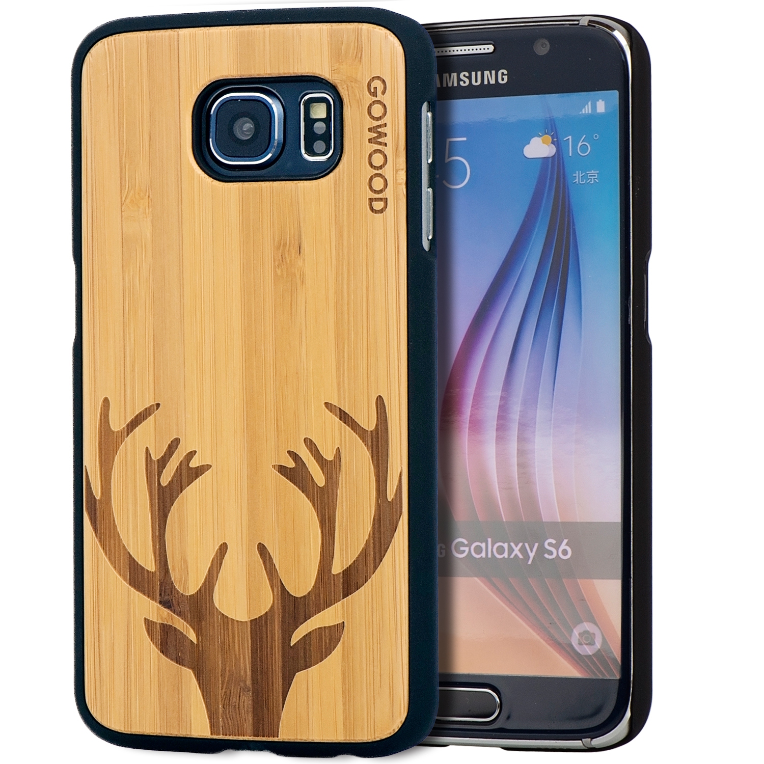 Samsung Galaxy S6 Wood Case | Real Bamboo Deer Design Engraved and Durable Polycarbonate Shockproof Bumper with Rubber Coating