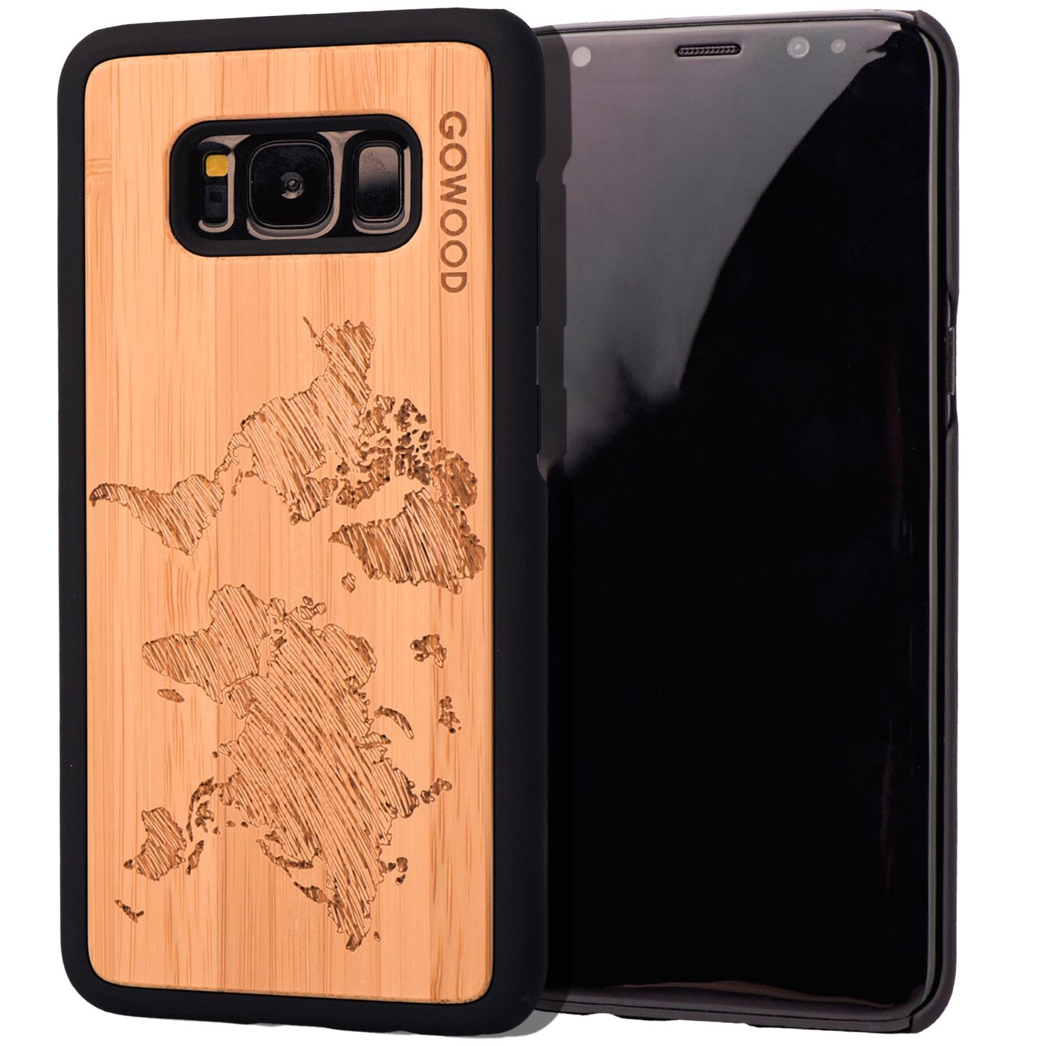Samsung Galaxy S8 Wood Case | Bamboo World Map Design Engraved & Durable Polycarbonate Shockproof Bumper with Rubber Coating