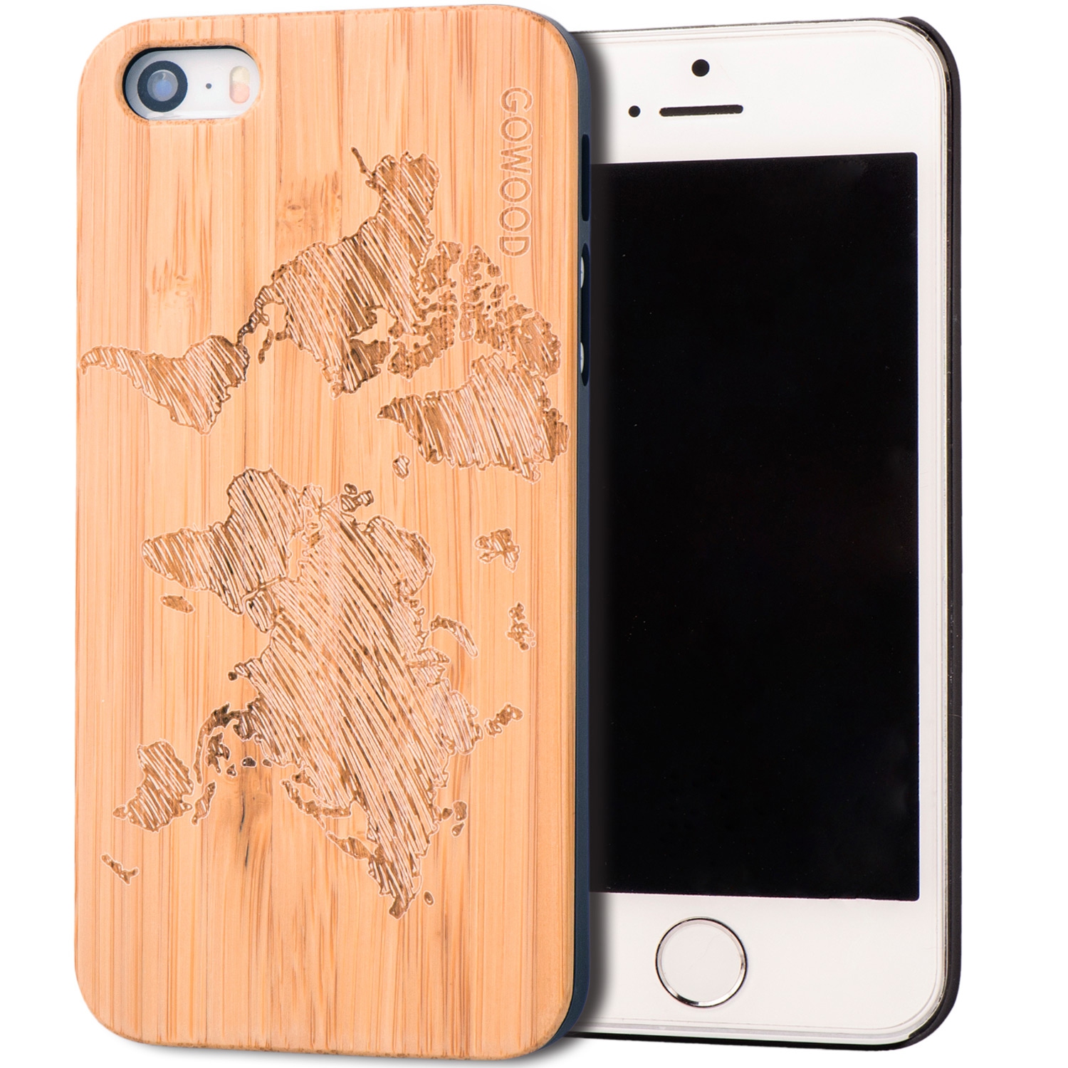 iPhone 5 / 5S / SE Wood Case | Bamboo World Map Design Engraved & Durable Polycarbonate Shockproof Bumper with Rubber Coating