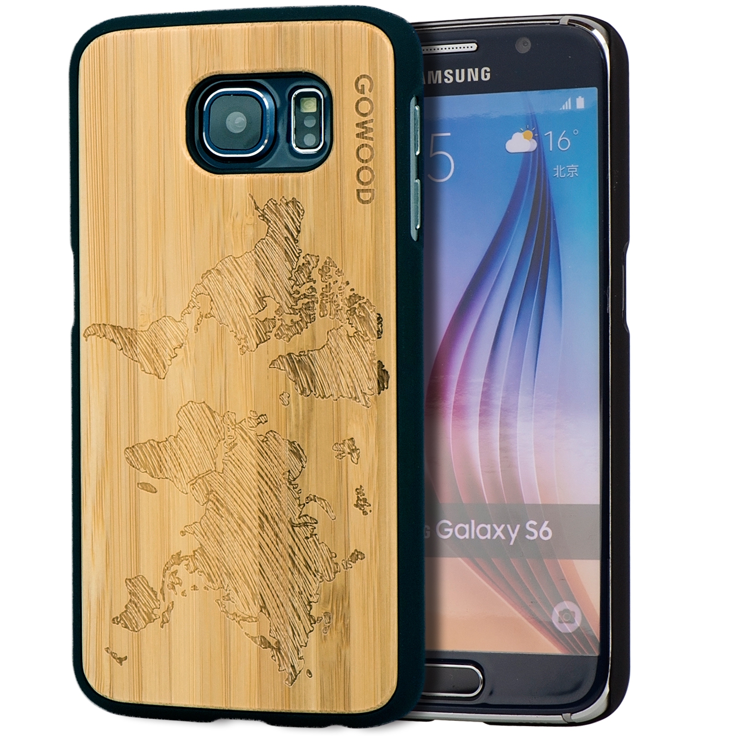 Samsung Galaxy S6 Wood Case | Bamboo World Map Design Engraved & Durable Polycarbonate Shockproof Bumper with Rubber Coating