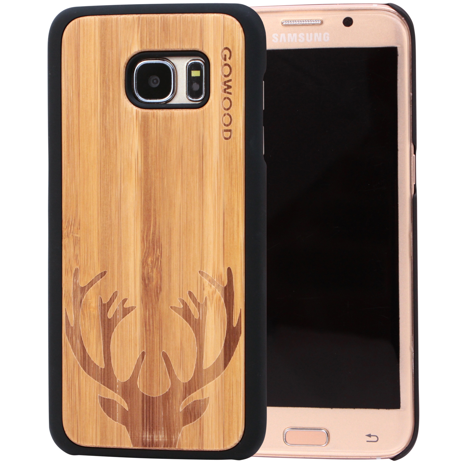 Samsung Galaxy S7 Edge Wood Case | Bamboo Deer Design Engraved & Durable Polycarbonate Shockproof Bumper with Rubber Coating