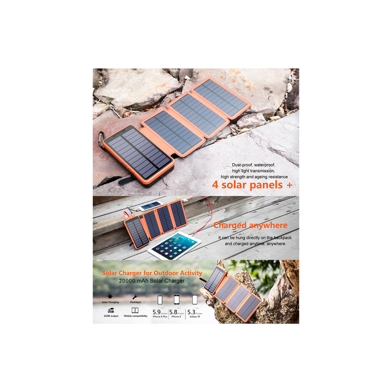 Chargeur solaire portatif pliable de 20000mAh mAh de naavor avec deux sorties de 2,1A V, batterie externe étanche compatible avec les téléphones