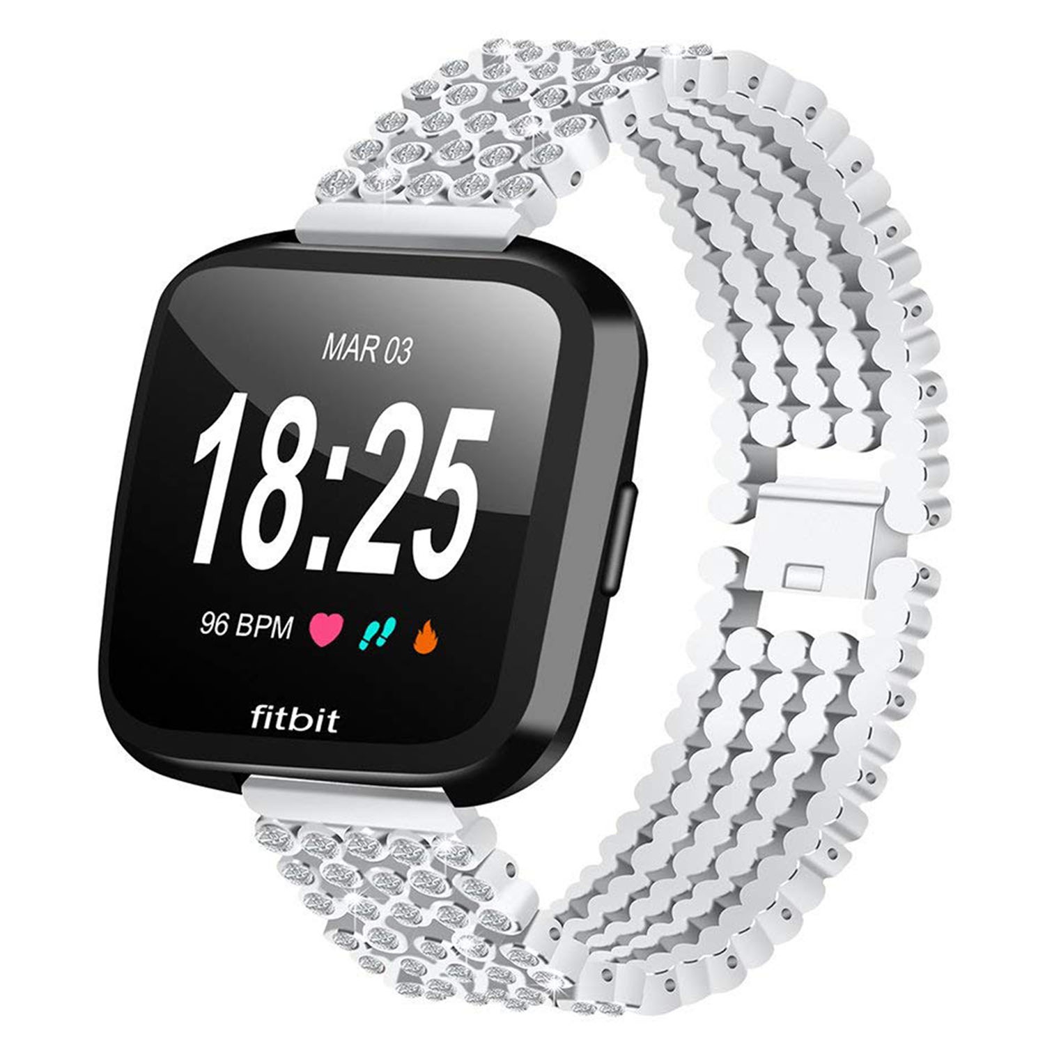 StrapsCo Silver Stainless Steel Rhinestone Watch Band Strap for Fitbit Versa