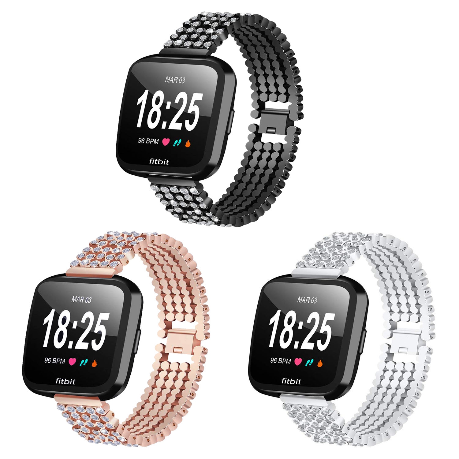 StrapsCo Silver Stainless Steel Rhinestone Watch Band Strap for Fitbit Versa