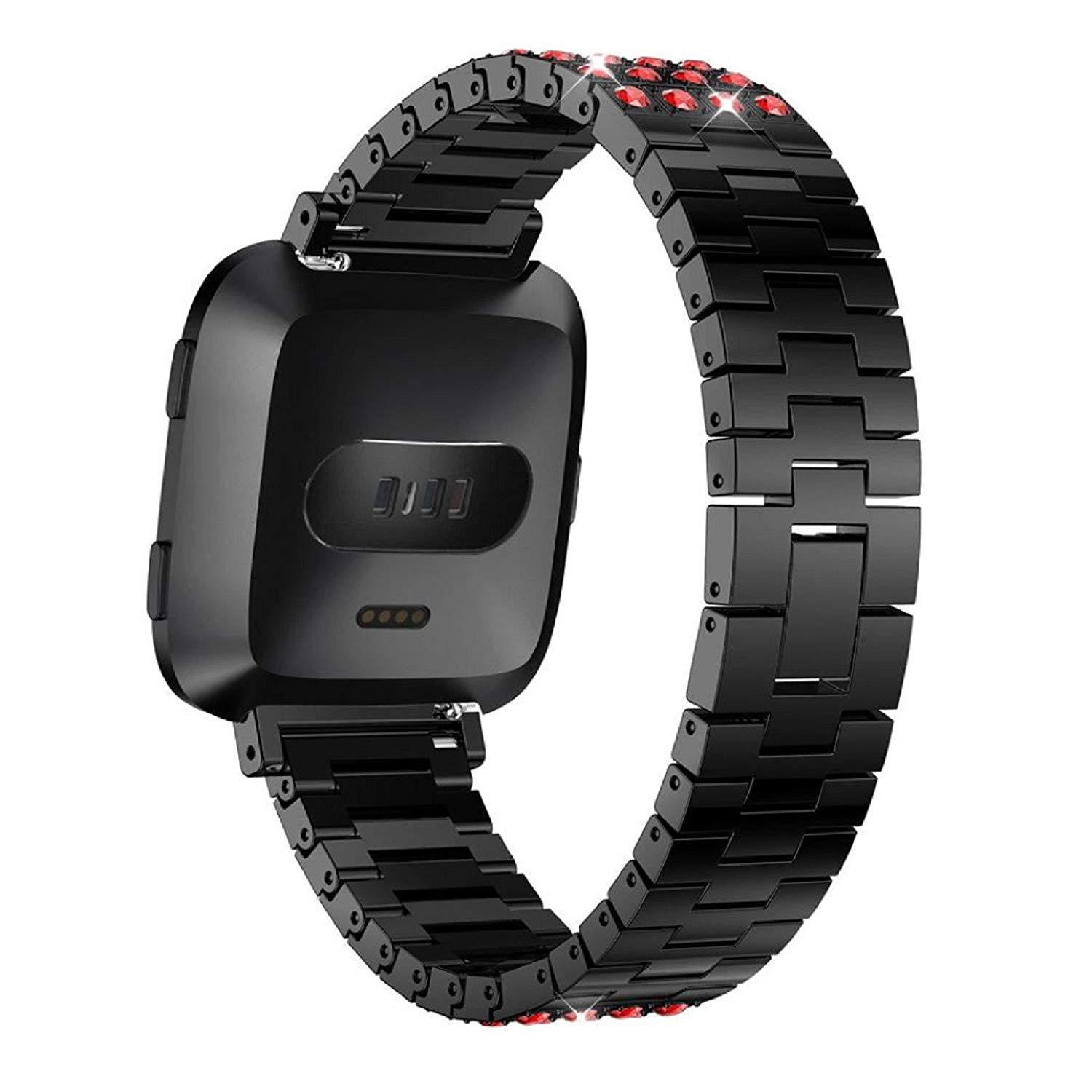 StrapsCo Matte Black Stainless Steel Link Watch Band Strap with Red Rhinestones for Fitbit Versa