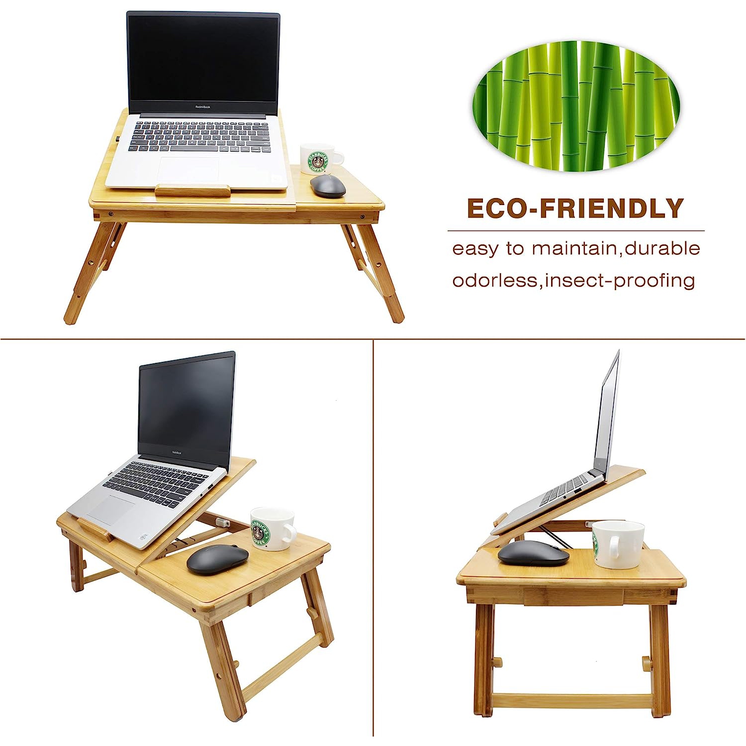 navor Bamboo Laptop Bed Desk, Breakfast Serving Tray, Notebook Computer Stand, Multifunctional Table with Adjustable Tilting Top Storage Drawer