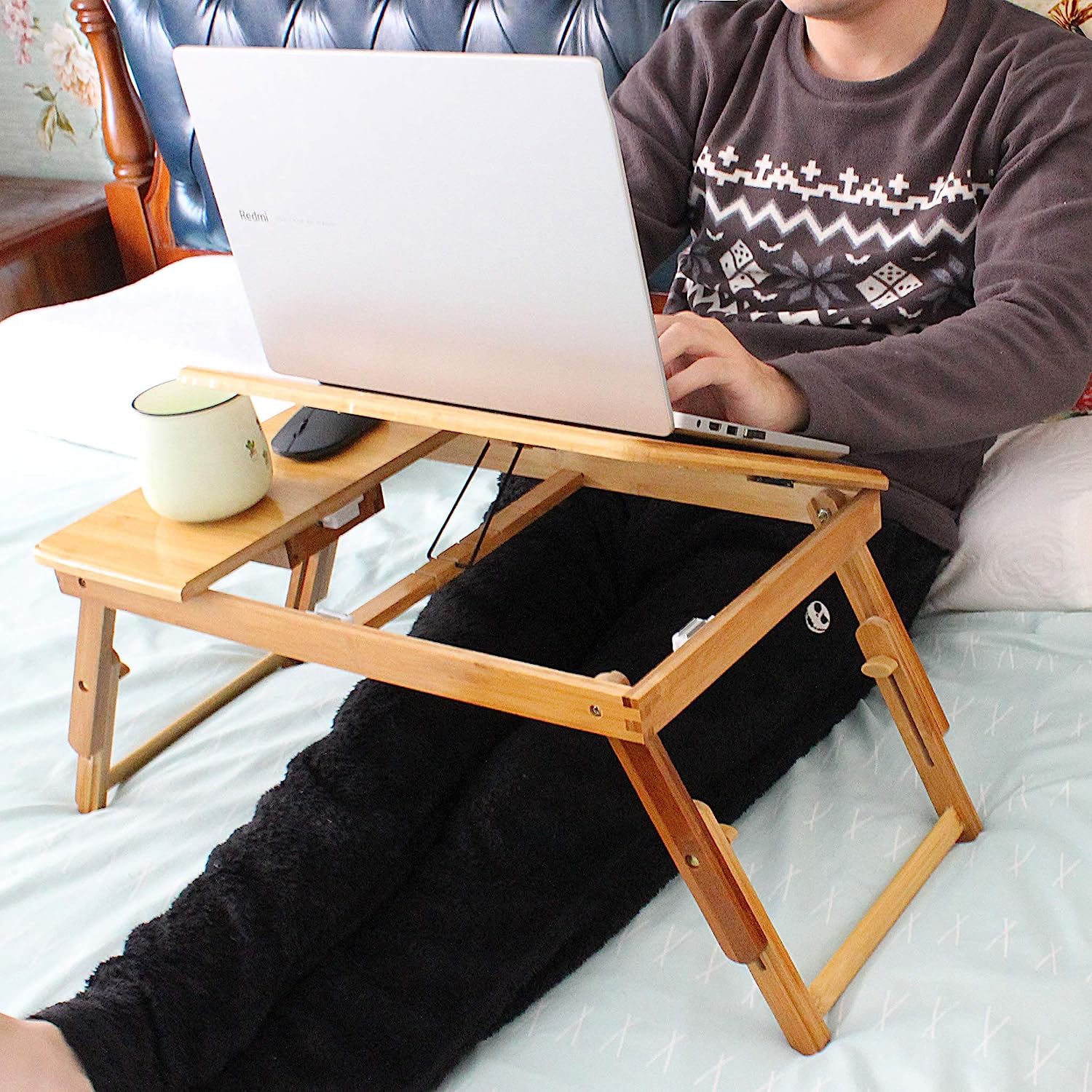 navor Bamboo Laptop Bed Desk, Breakfast Serving Tray, Notebook Computer Stand, Multifunctional Table with Adjustable Tilting Top Storage Drawer