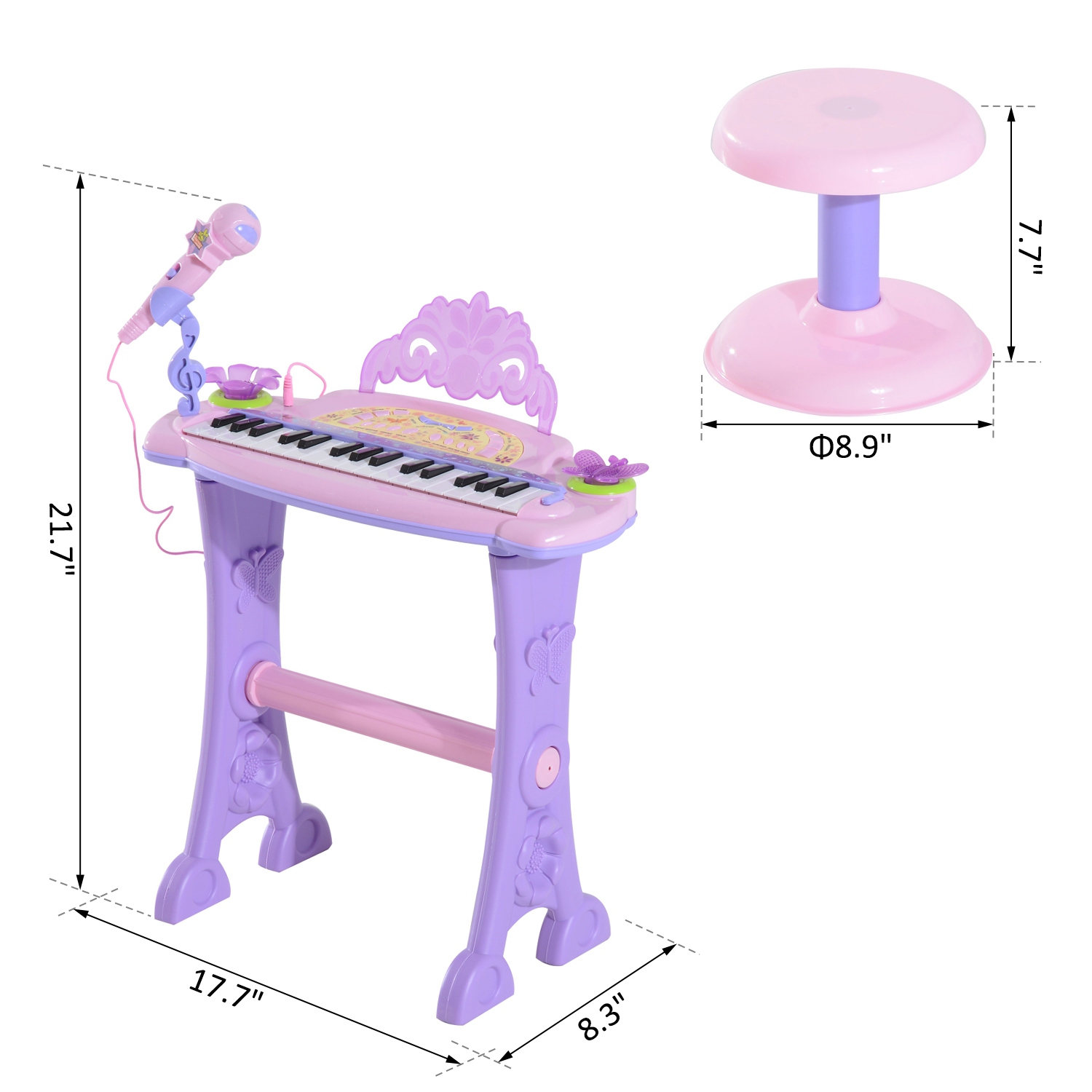 Qaba Kids Piano Electronic Keyboard Instrument with Microphone and Stool Pink