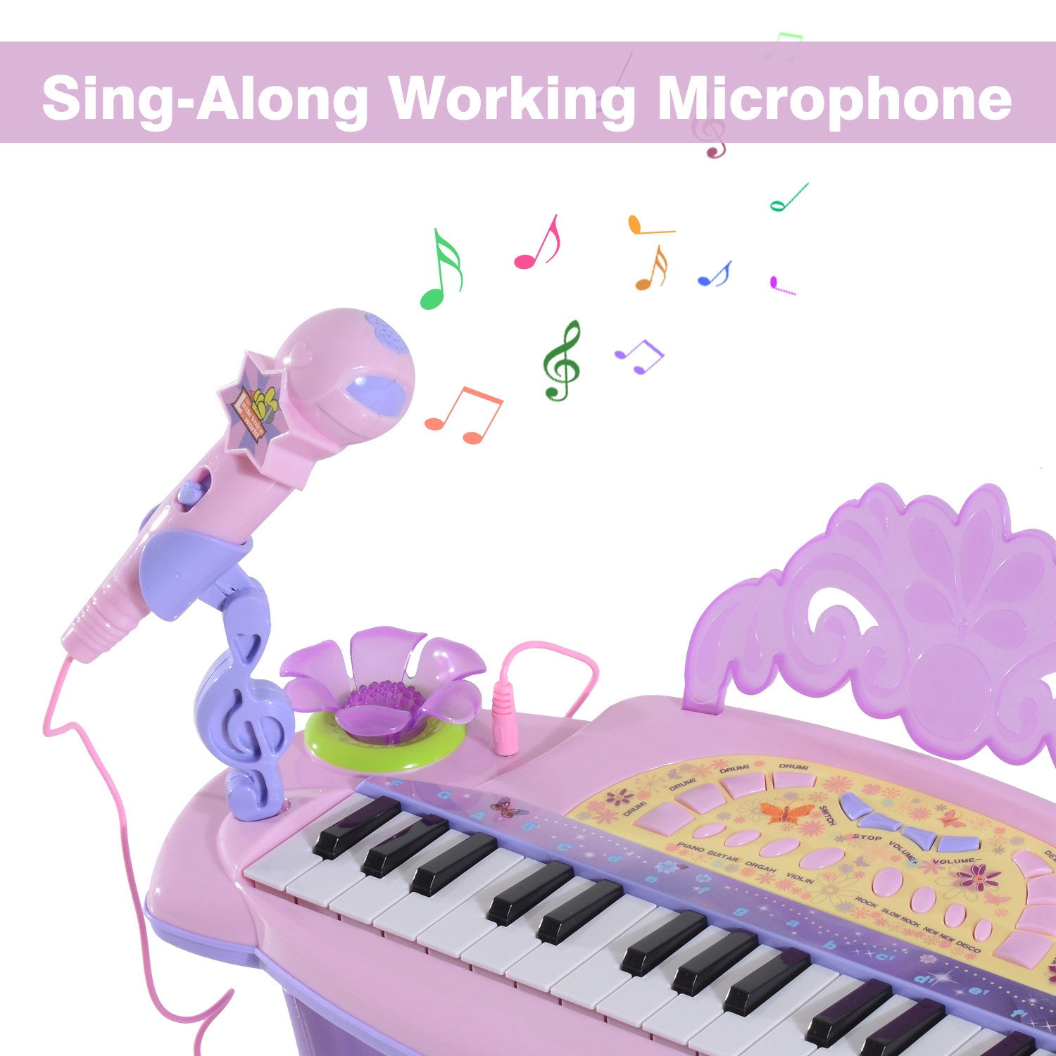 Qaba Kids Piano Electronic Keyboard Instrument with Microphone and Stool Pink