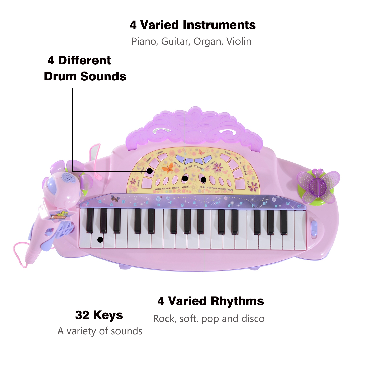 Qaba Kids Piano Electronic Keyboard Instrument with Microphone and Stool Pink