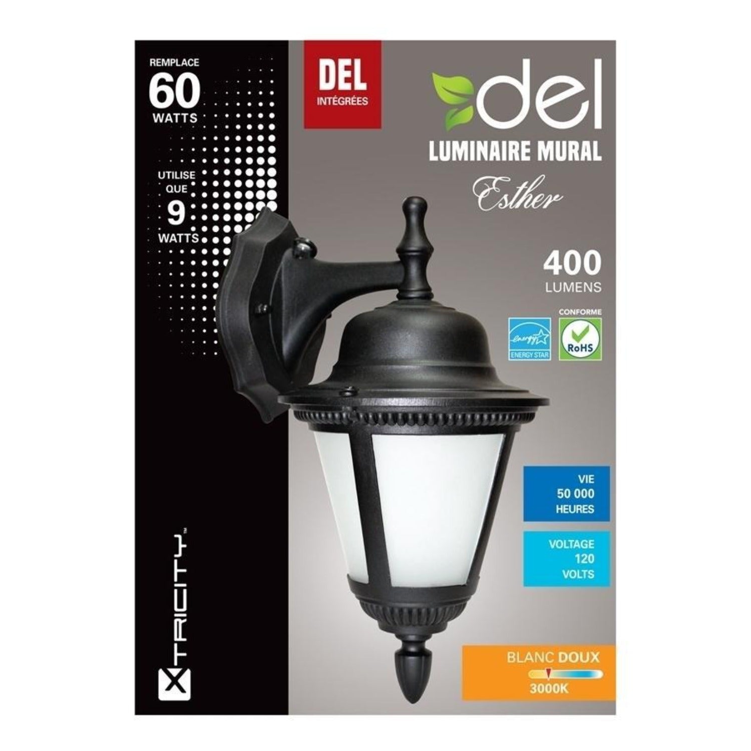 Xtricity – applique murale à DEL pour l’extérieur, 9W/120V/3000K, éclairage blanc doux, de la collection Esther, noir