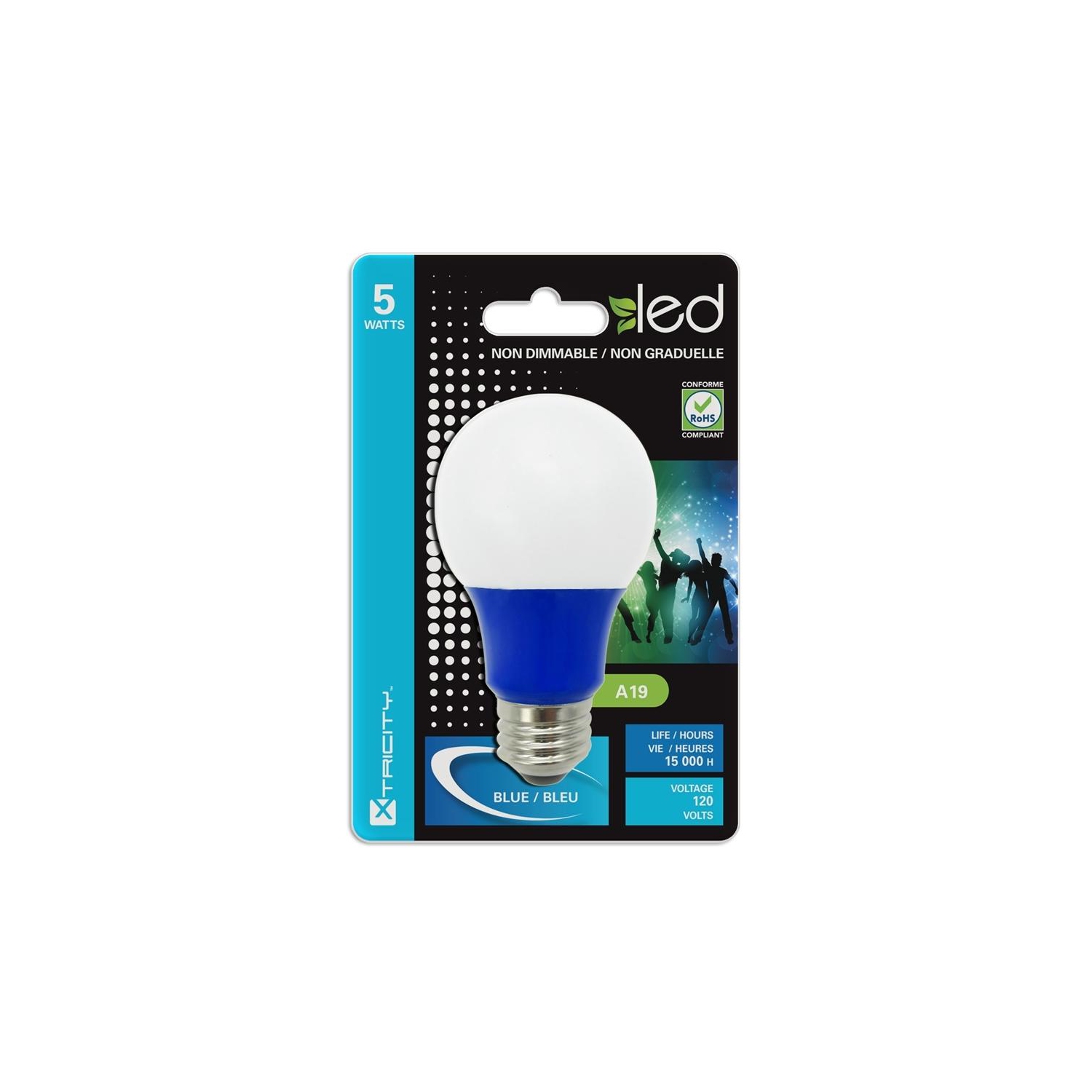 Ampoule à DEL Xcentricité de type A/5 W/120 V/E26/bleu de 1 CD