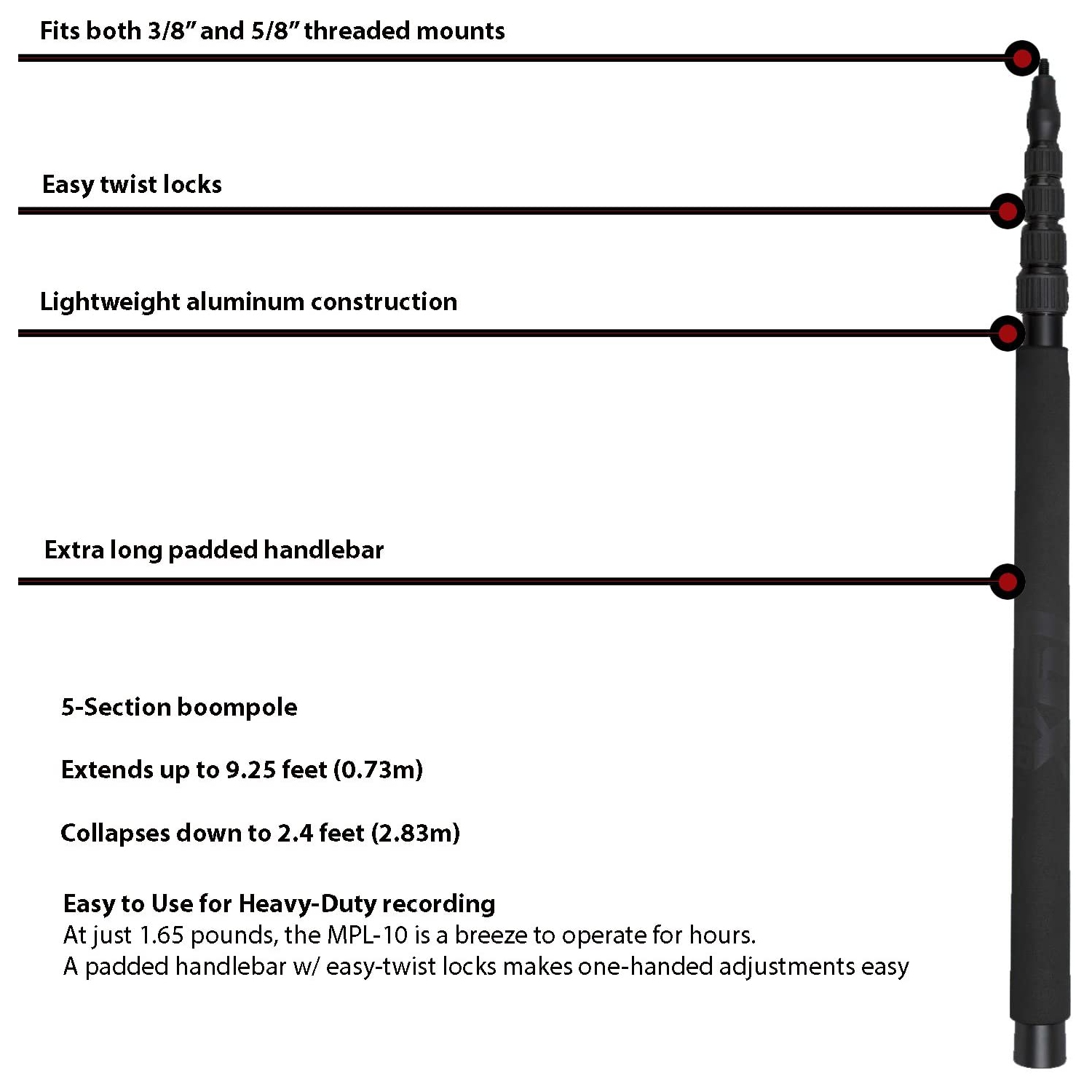 LyxPro MPL-10 Lightweight Boom pole with Easy Twist Locks for Professional Shotgun Microphones