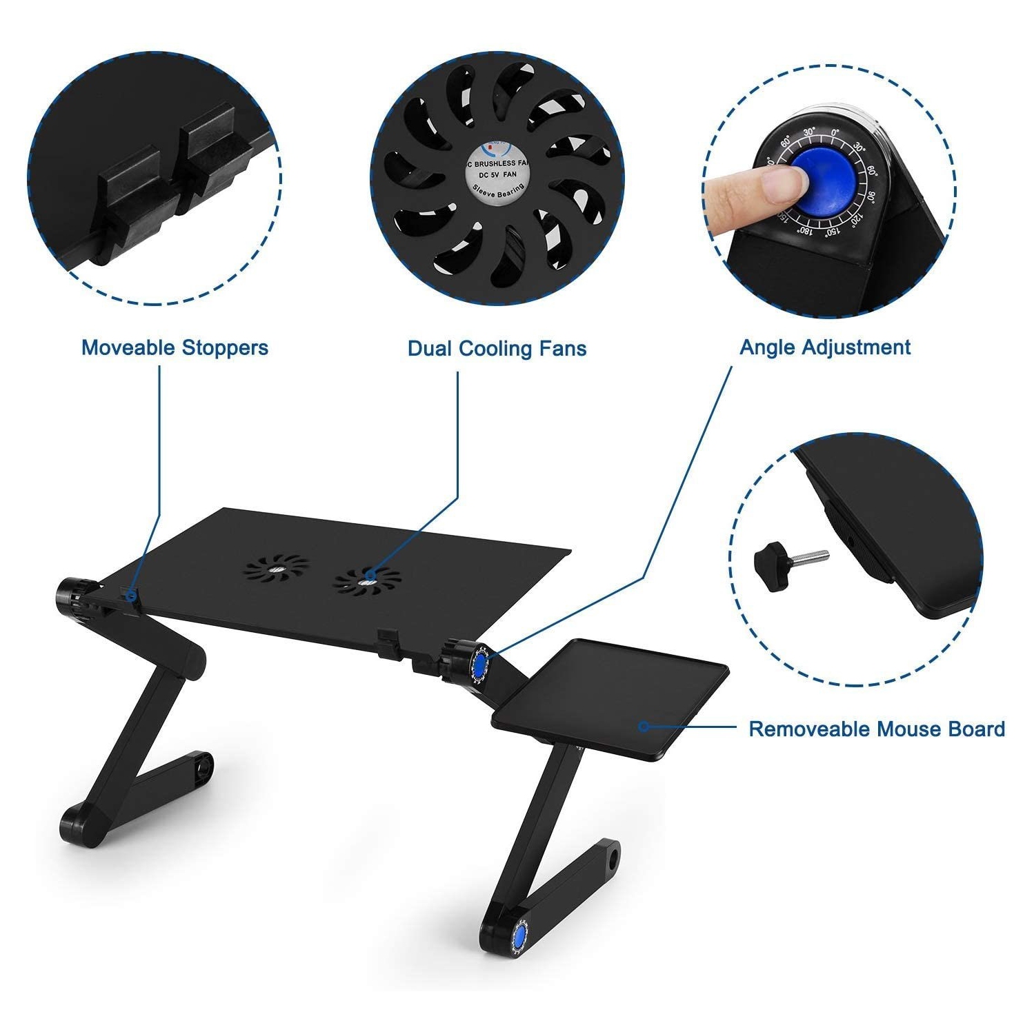 Adjustable Standing Laptop Desk Stand Table Portable Aluminum Lap Riser Holder with Dual-Cooling Fans for Bed Couch Sofa
