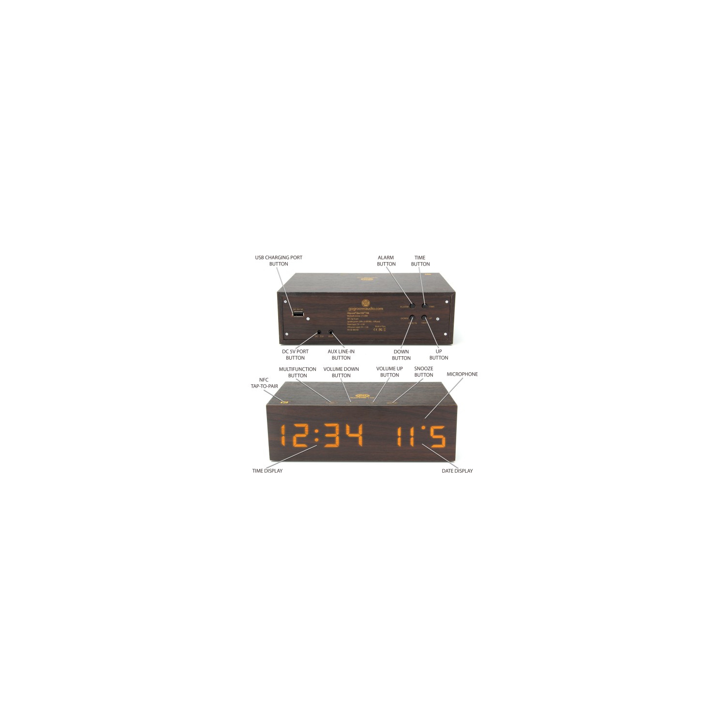 GOgroove&nbsp;BlueSYNC TYM Real Wood Bluetooth Speaker & Alarm Clock with NFC Pairing