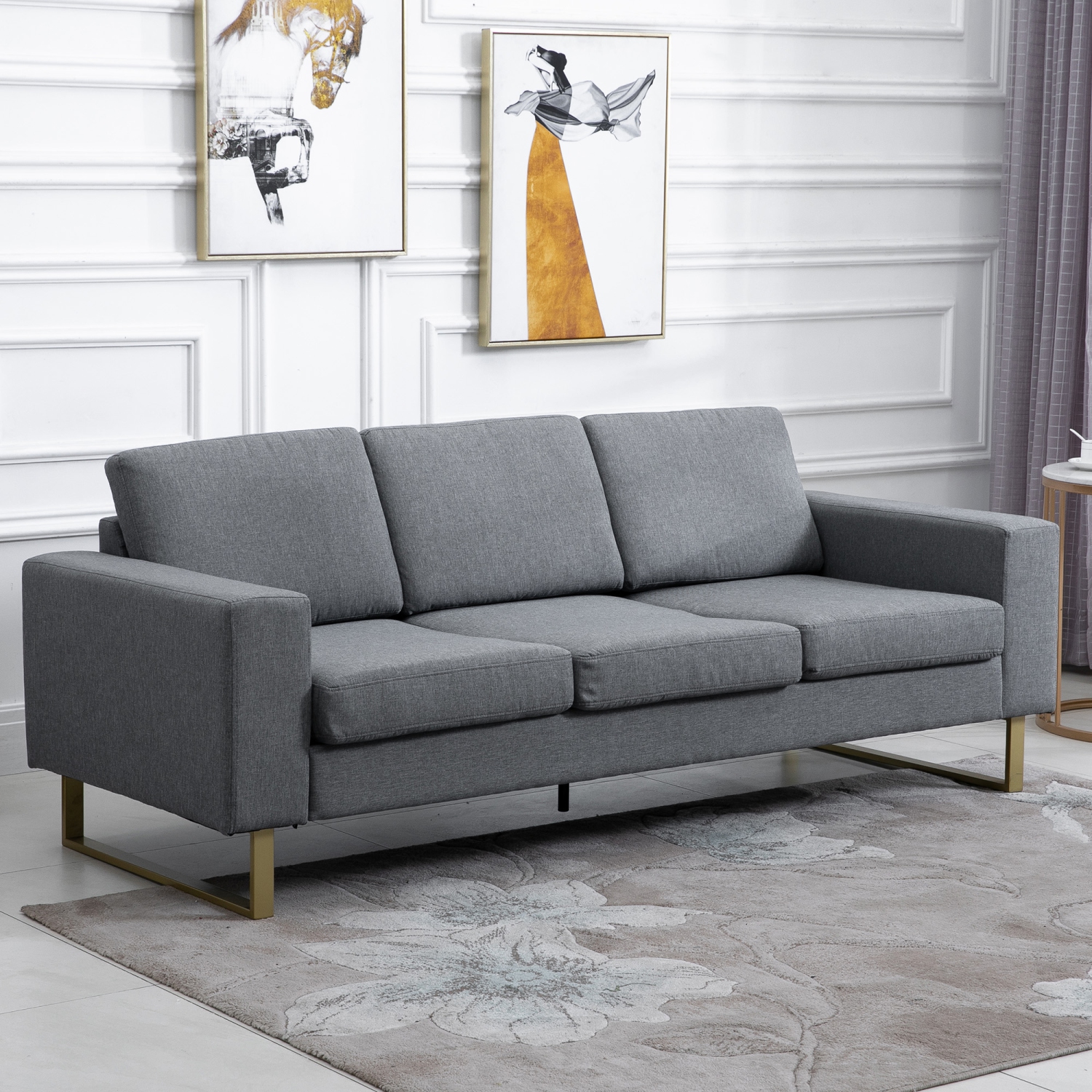 HOMCOM 3 Seater Sofa, Linen Upholstered Cozy Padded Couch with Steel Leg, Backrest and Wide Armrest, for Living room, Bedroom, Dark Grey