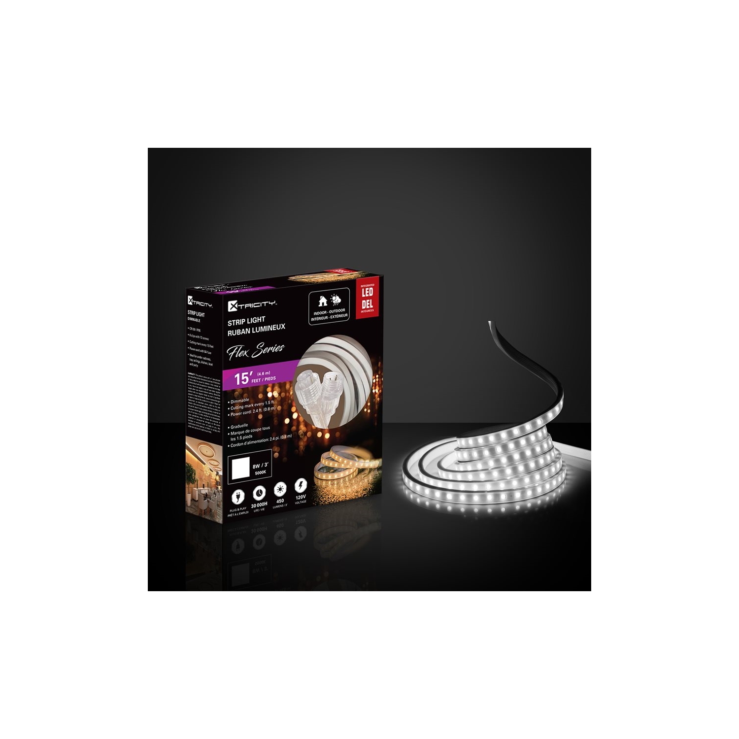 Bande à DEL flexible Xcentricité 15 pi/8 w - 3 po/120 v/5000 k/Blanc intérieur et extérieur